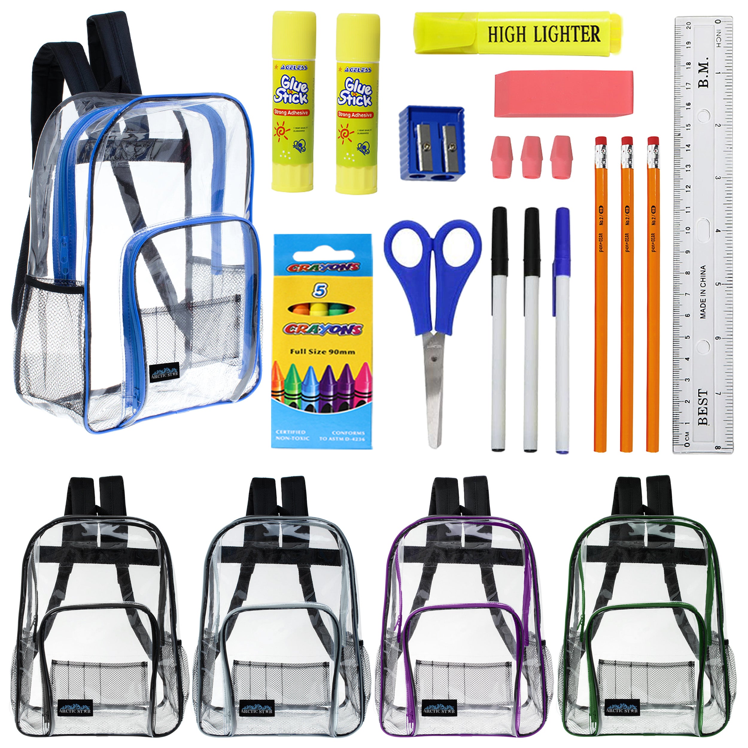 17 Inch Wholesale Backpacks in Assorted Colors with School Supply Kits Bulk - Kit of 12