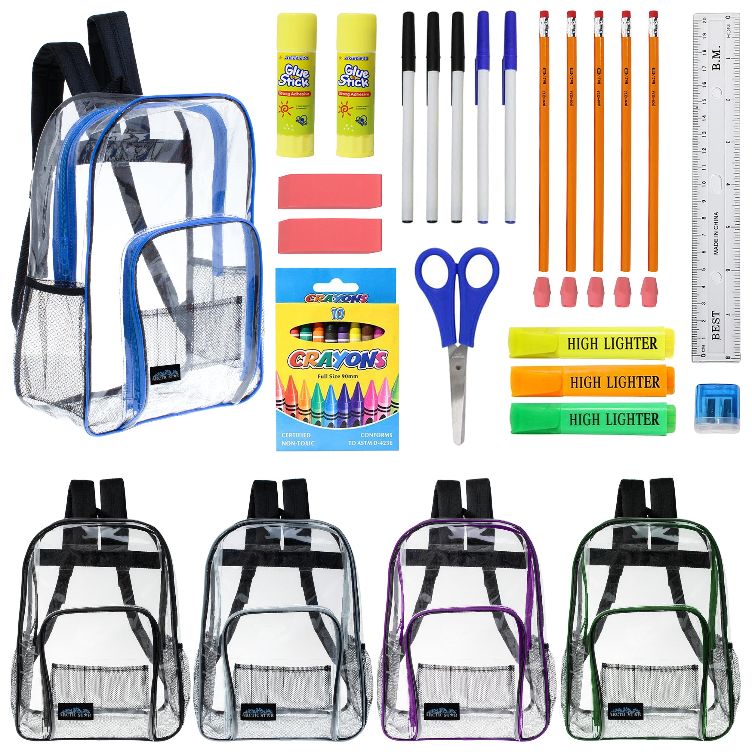 12 Wholesale 13 Clear Backpacks in Assorted Colors and 12 Bulk School Supply Kits of Your Choice
