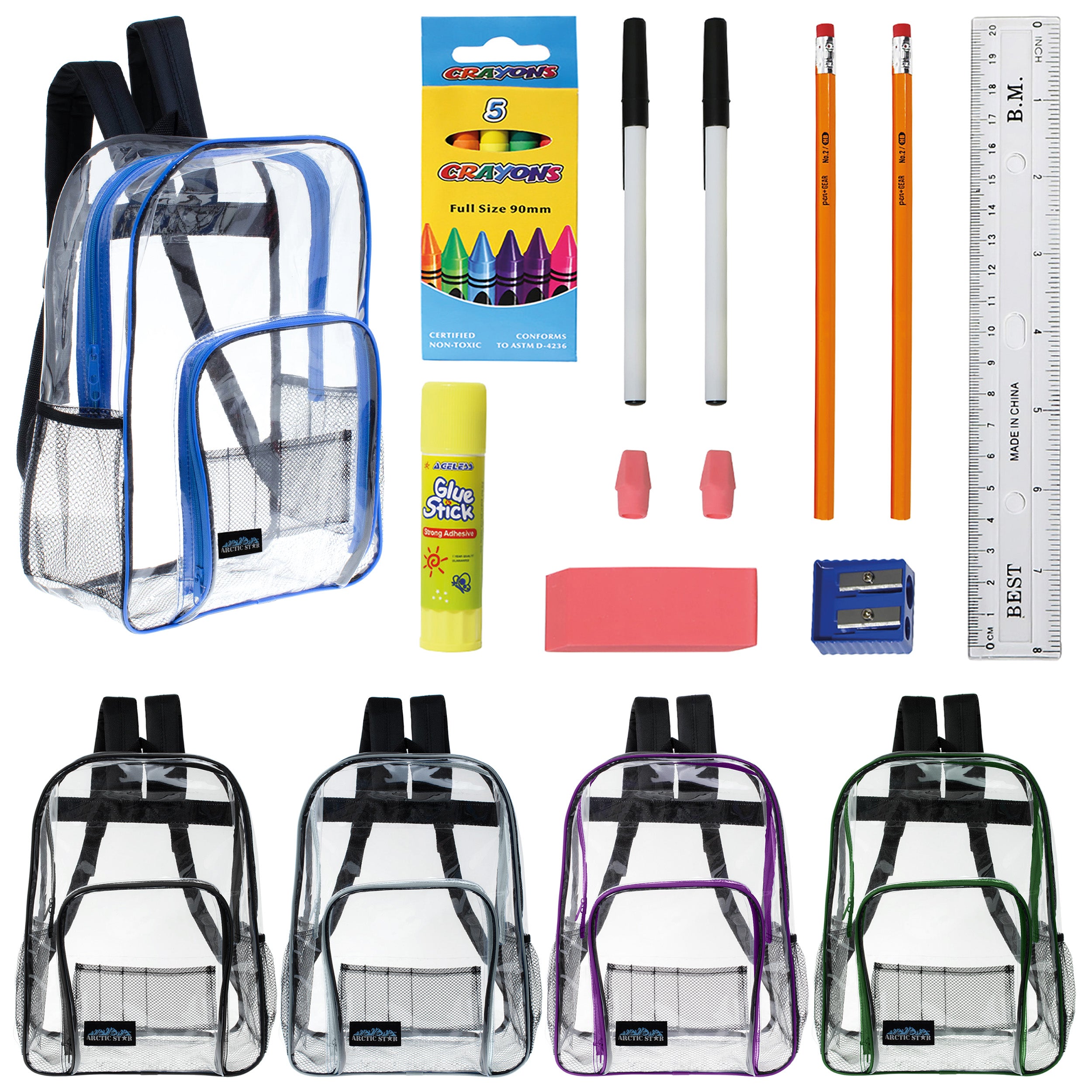 17 Inch Wholesale Backpacks in Assorted Colors with School Supply Kits Bulk - Kit of 12
