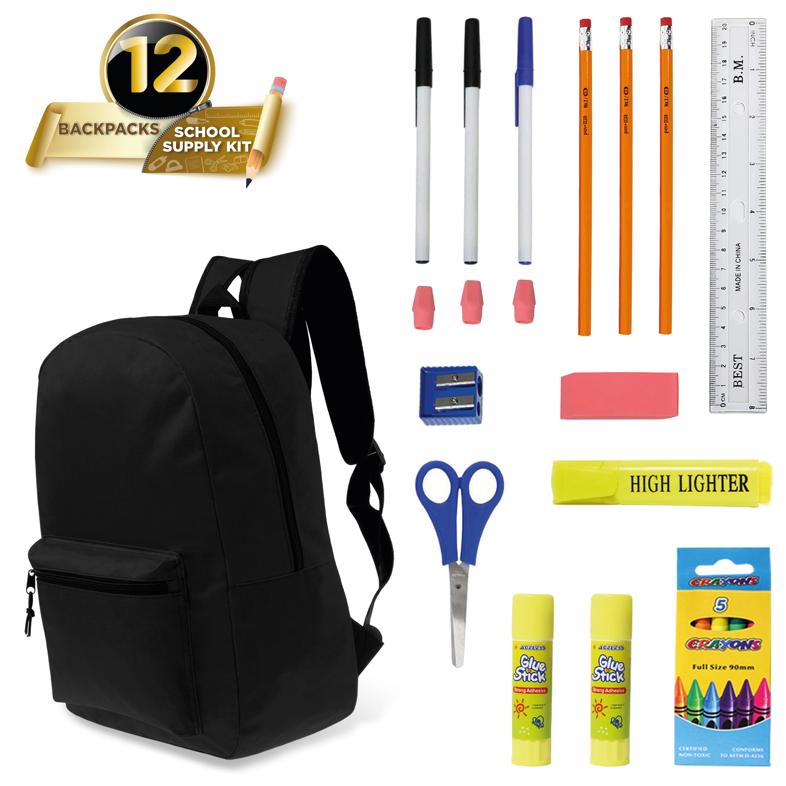 17 inches School Backpacks for Kids In Black Color Bulk School Supplies - Kit Case Of 12