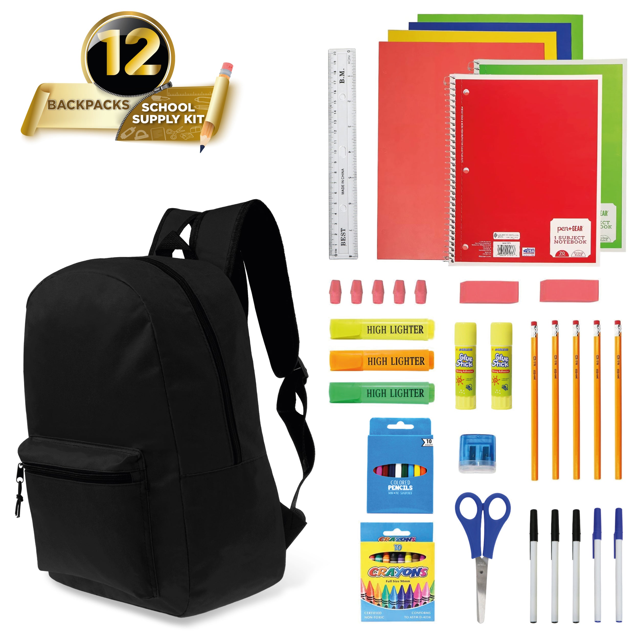 17 inches School Backpacks for Kids In Black Color Bulk School Supplies - Kit Case Of 12