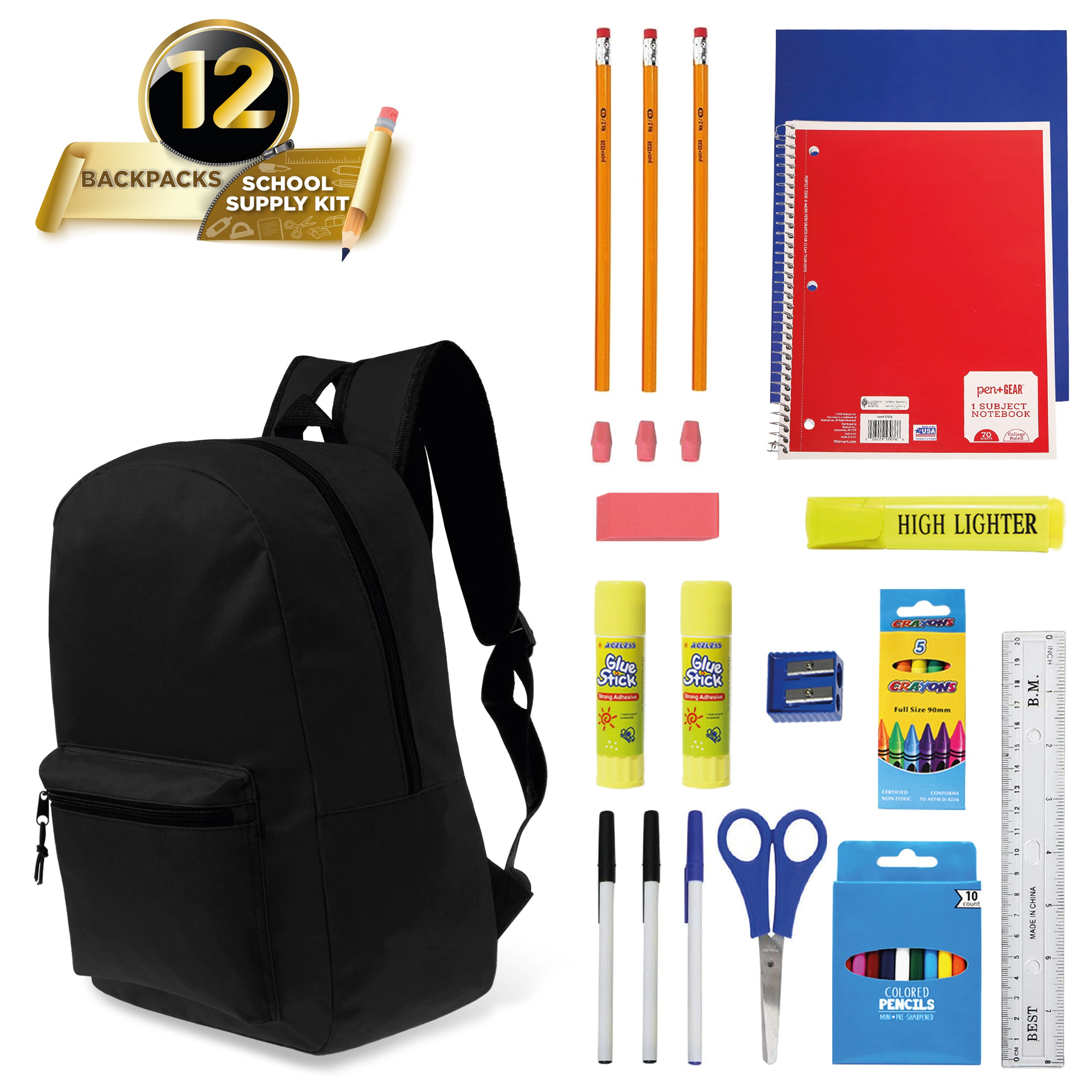 17 inches School Backpacks for Kids In Black Color Bulk School Supplies - Kit Case Of 12