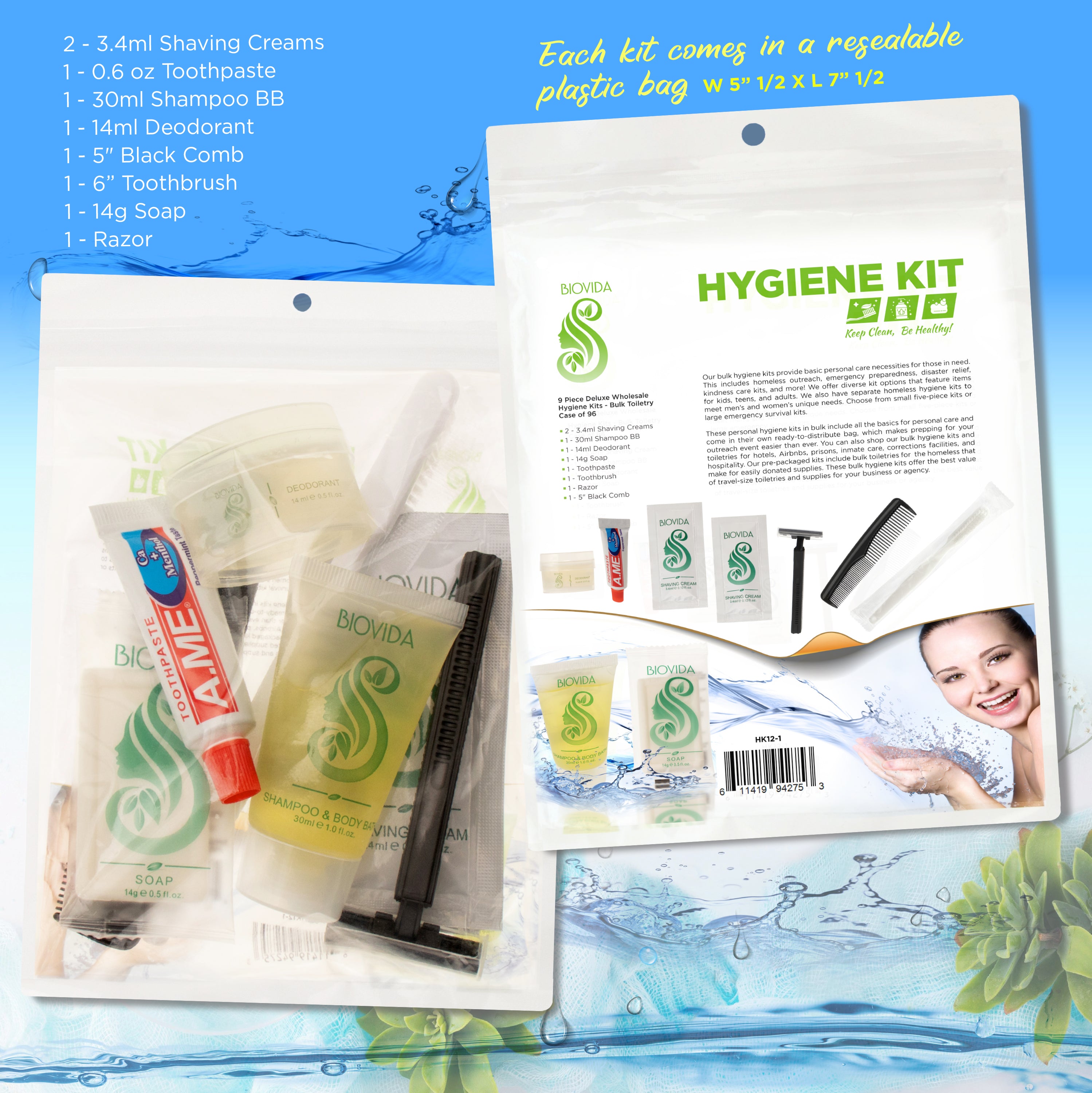 9 Piece Deluxe Wholesale Hygiene Kits - Bulk Toiletry Case of 96 Biovida
