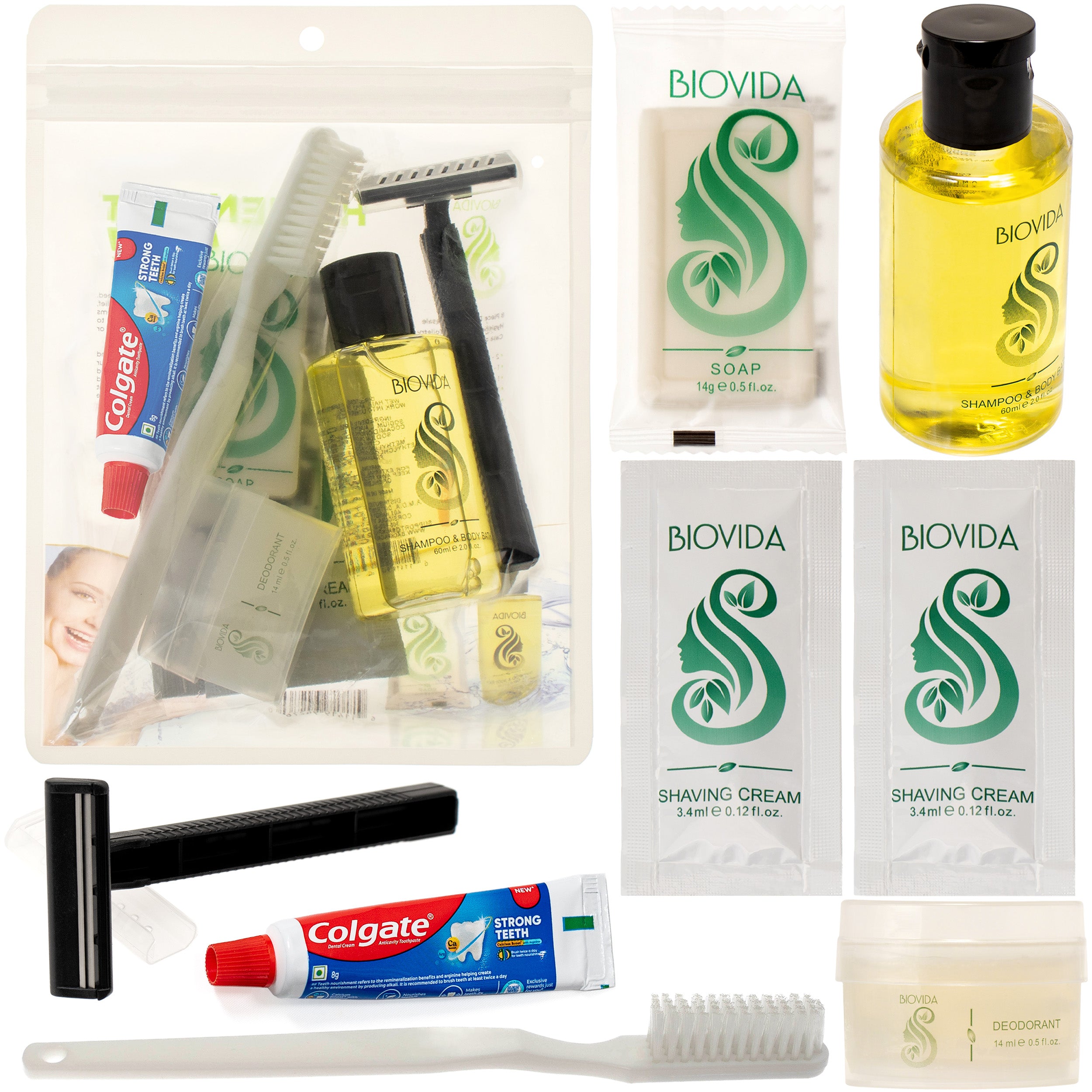 8 Piece Biovida Basic Wholesale Hygiene Kits With Colgate Toothpaste - Bulk Toiletry Supplies - Case of 96 Wholesale Hygiene Kits - Bulk Toiletry Case of 96 Biovida