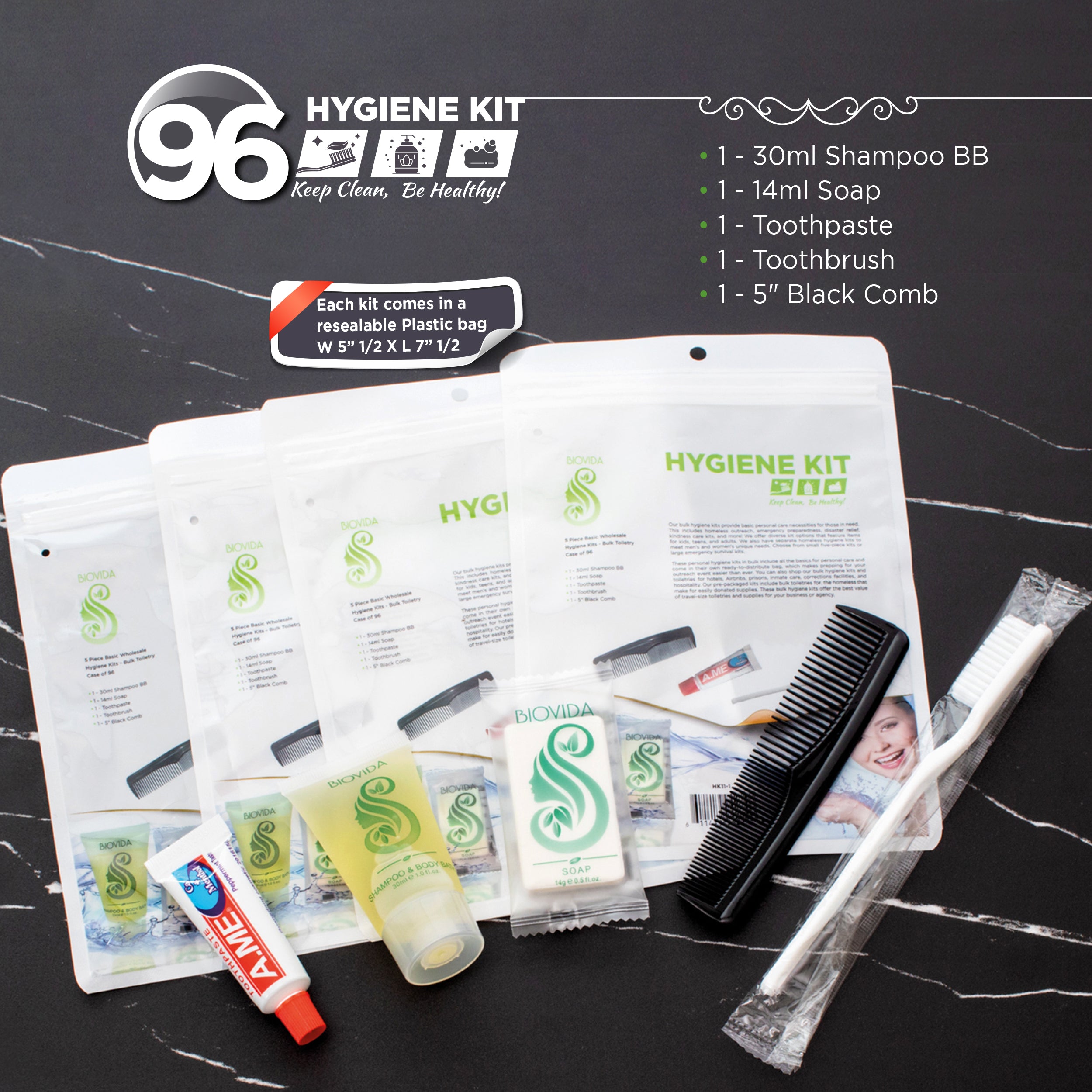 5 Piece Basic Wholesale Hygiene Kits - Bulk Toiletry Case of 96 Biovida