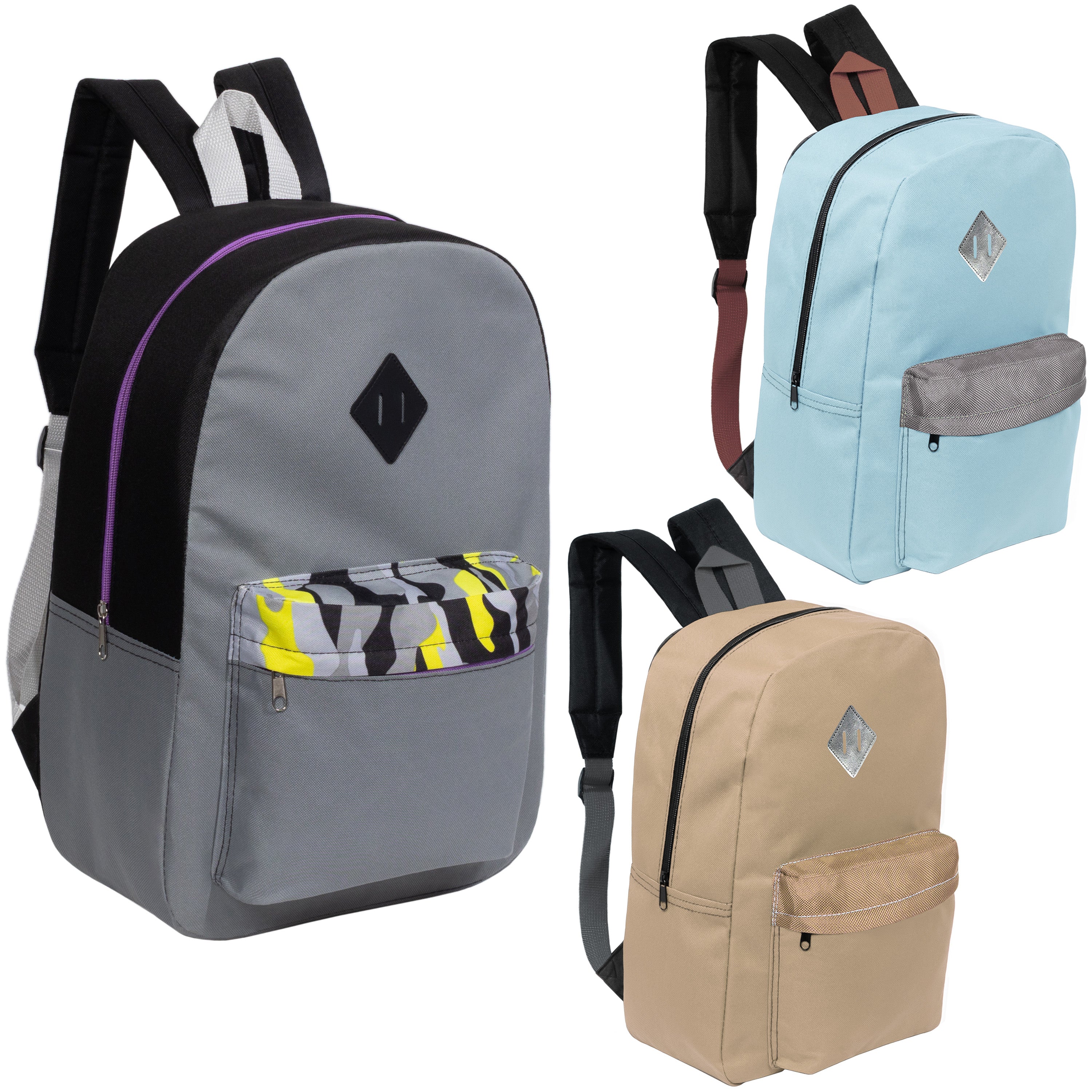 17" Padded Back Kids Wholesale Backpacks with a Diamond Patch in 3 Colors  - Bulk Case of 24