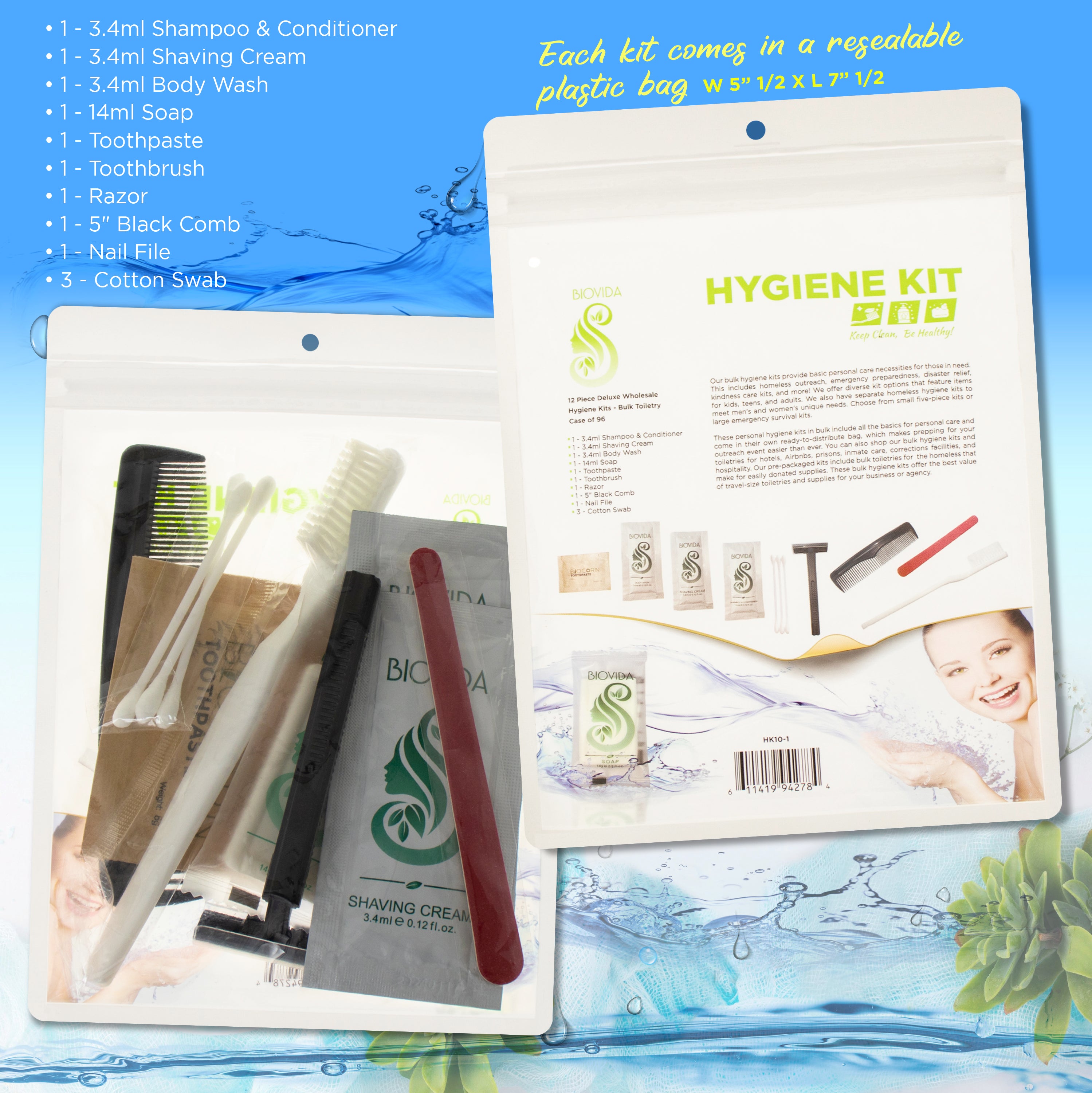 12 Piece Deluxe Wholesale Hygiene Kits - Bulk Toiletry Case of 96 Biovida