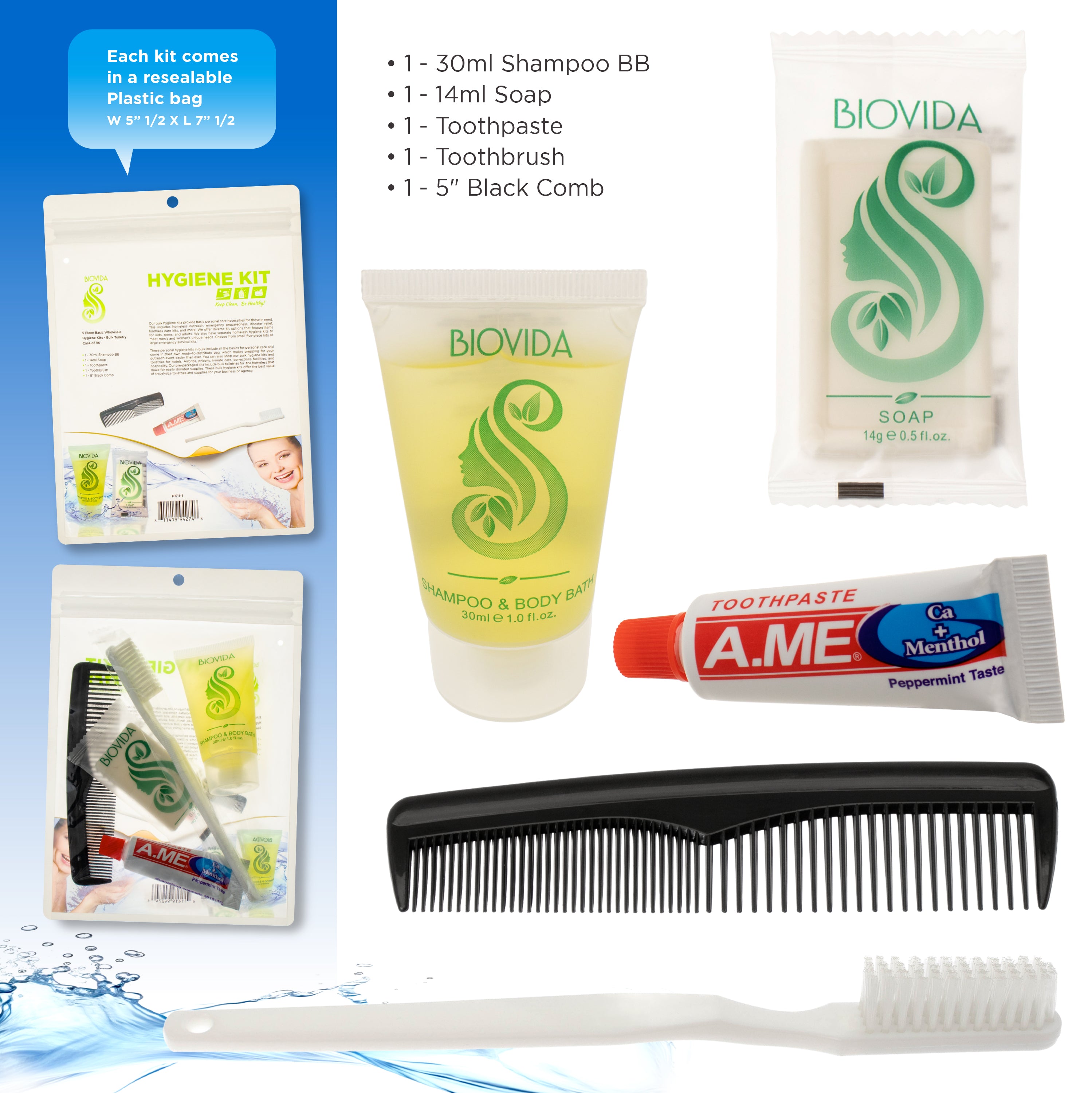 5 Piece Basic Wholesale Hygiene Kits - Bulk Toiletry Case of 96 Biovida