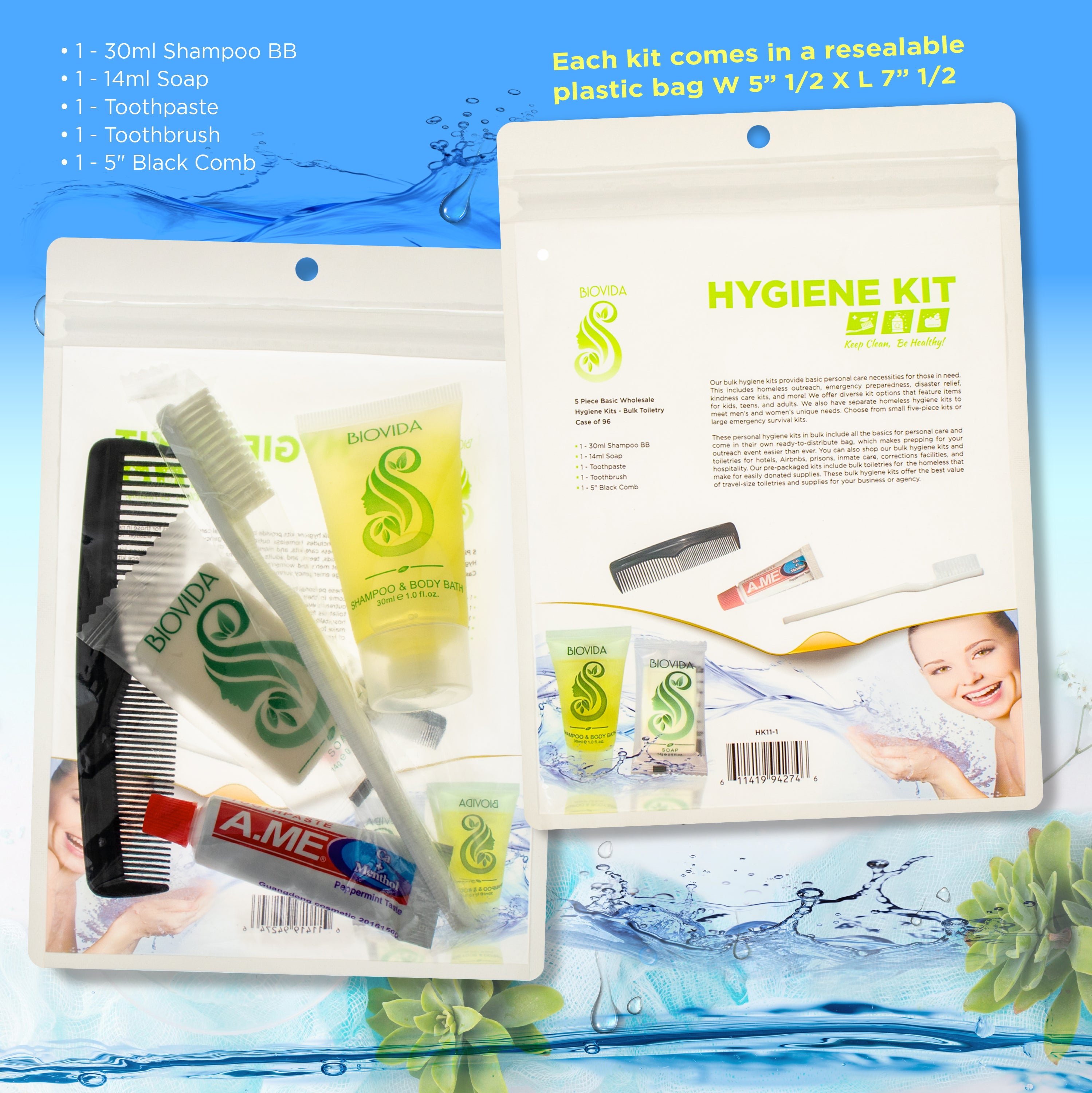 5 Piece Basic Wholesale Hygiene Kits - Bulk Toiletry Case of 96 Biovida