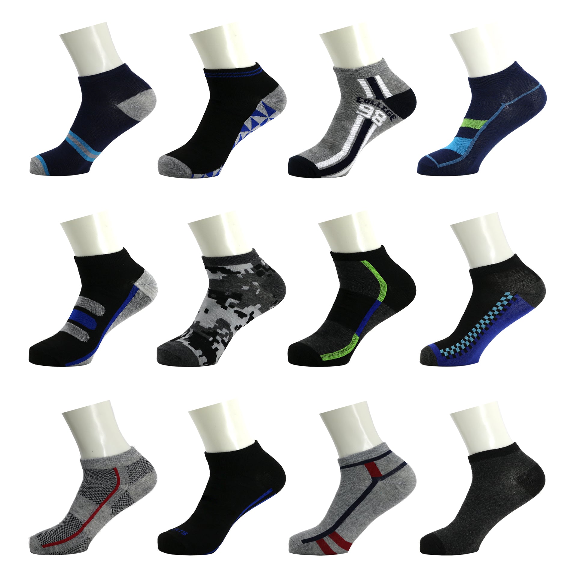 Men's Low Cut Wholesale Sock, Size 9-11 in Assorted Designs - Bulk Case of 144 Pairs