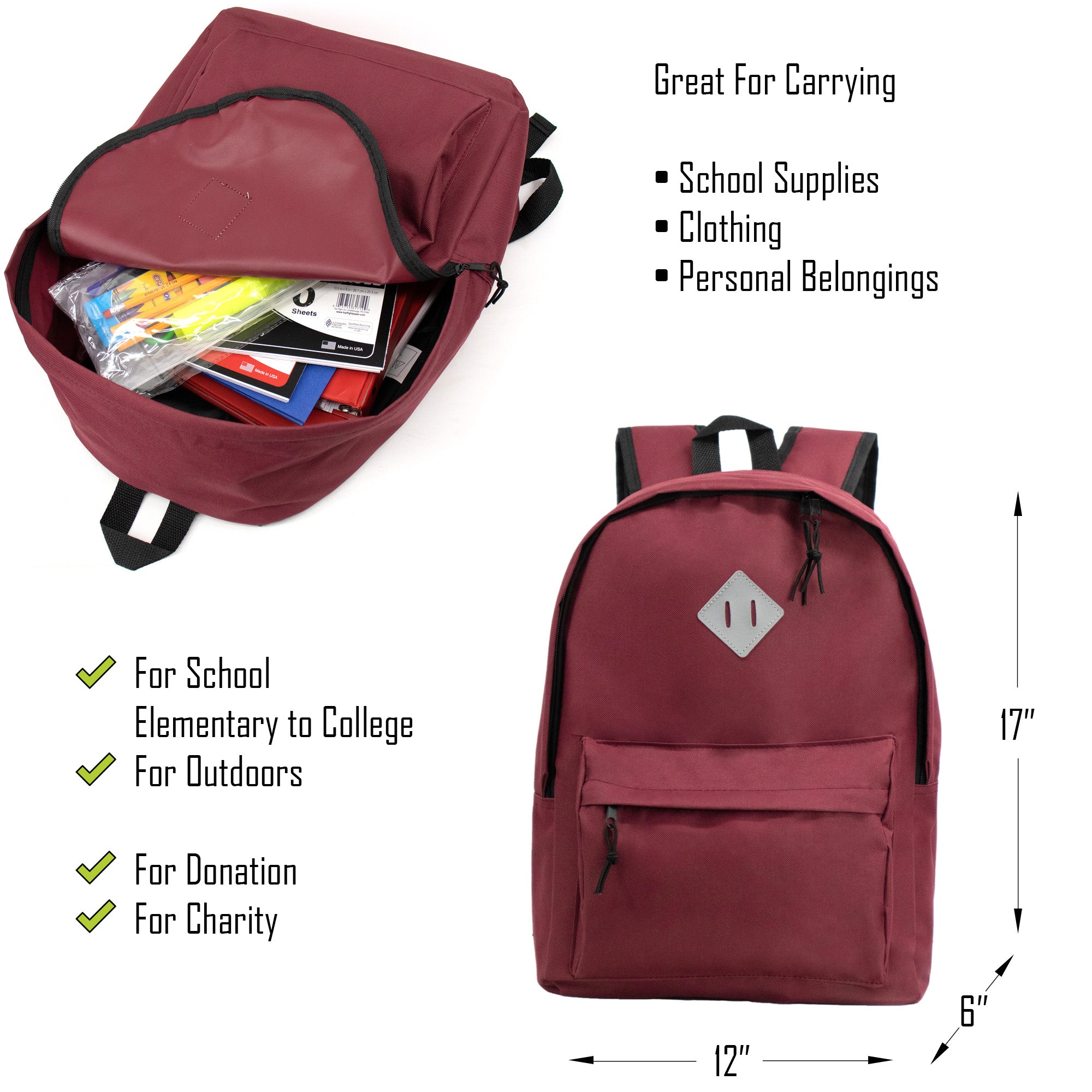 24 Pack of 17" Kids Basic Wholesale Backpack in Assorted Colors and Prints - Bulk Case of 24