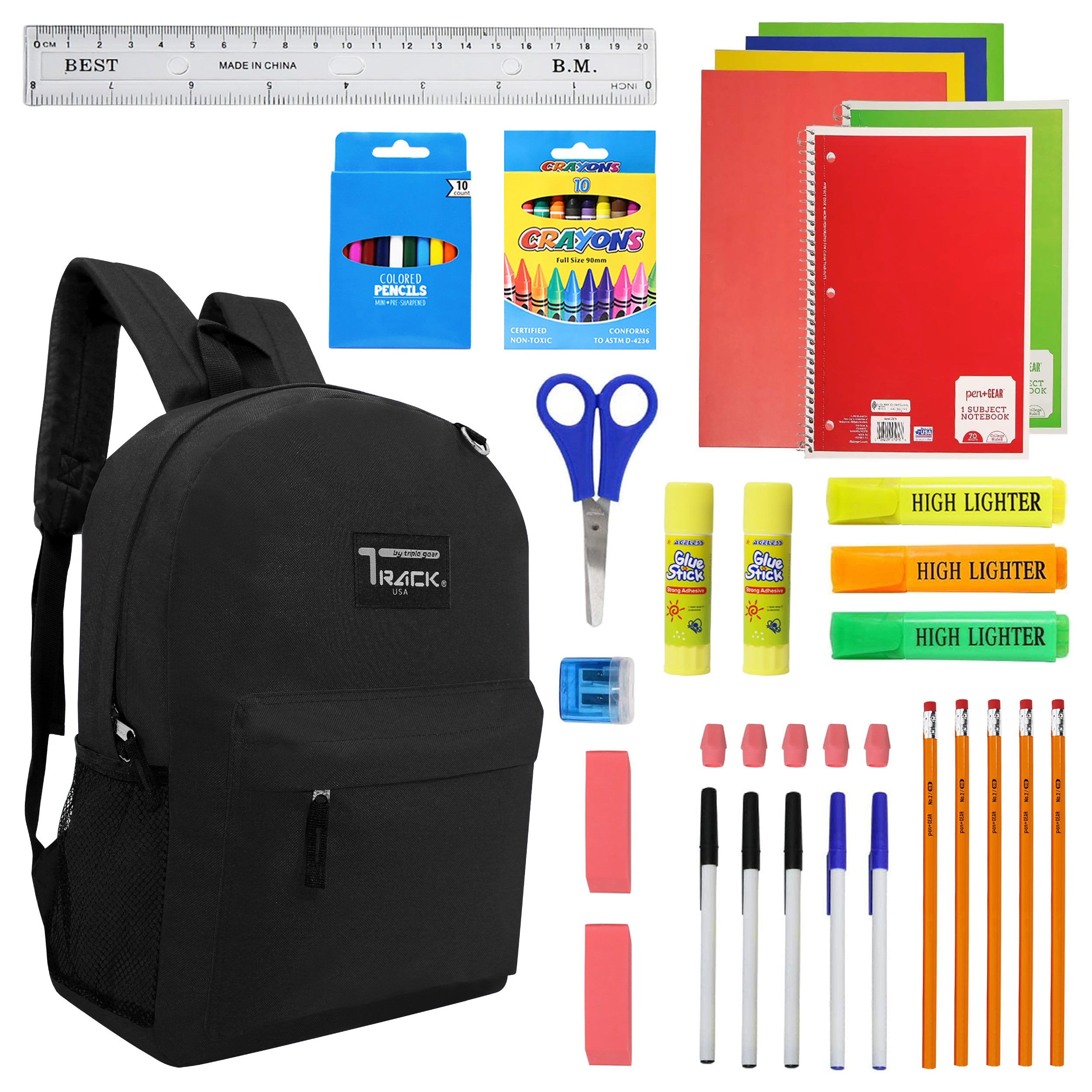 17 Inch Bulk Backpacks in Assorted Colors with School Supply Kits wholesale - Case of 12