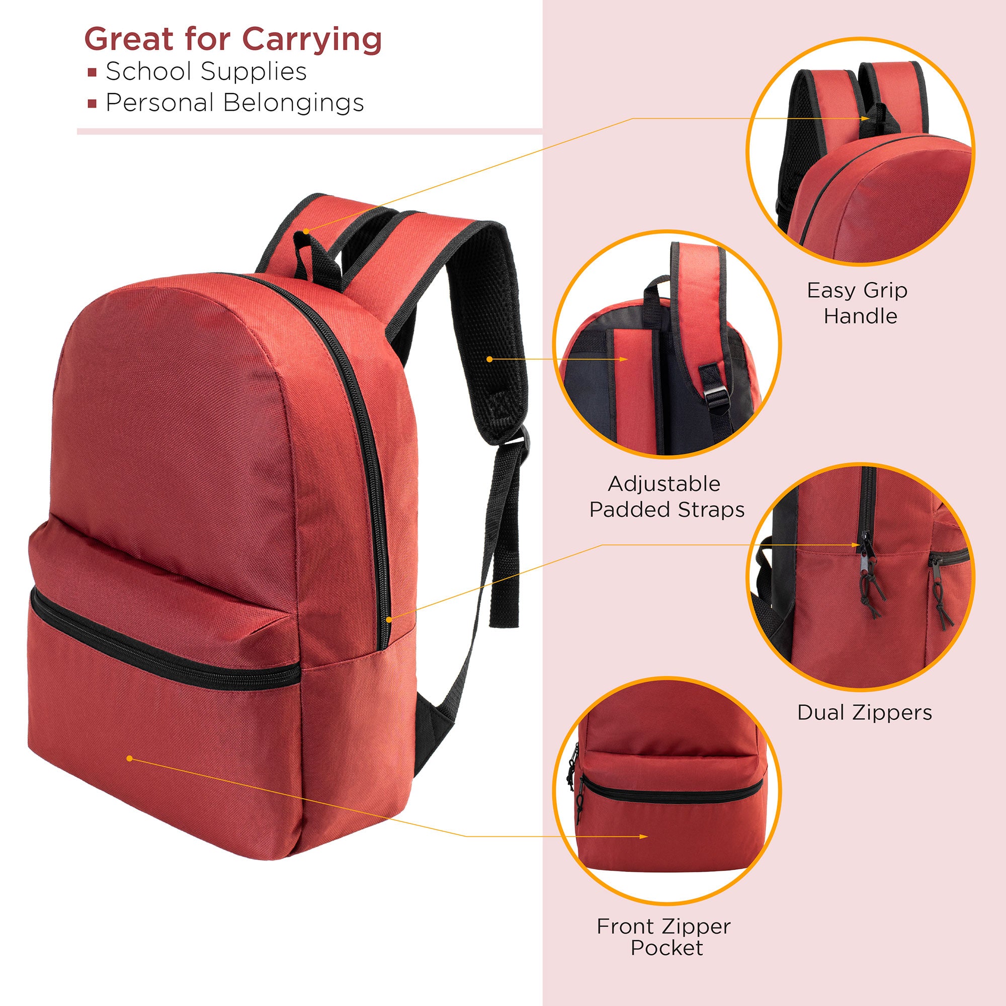 15" Kids Basic Wholesale Backpack in 12 Colors - Bulk Case of 24