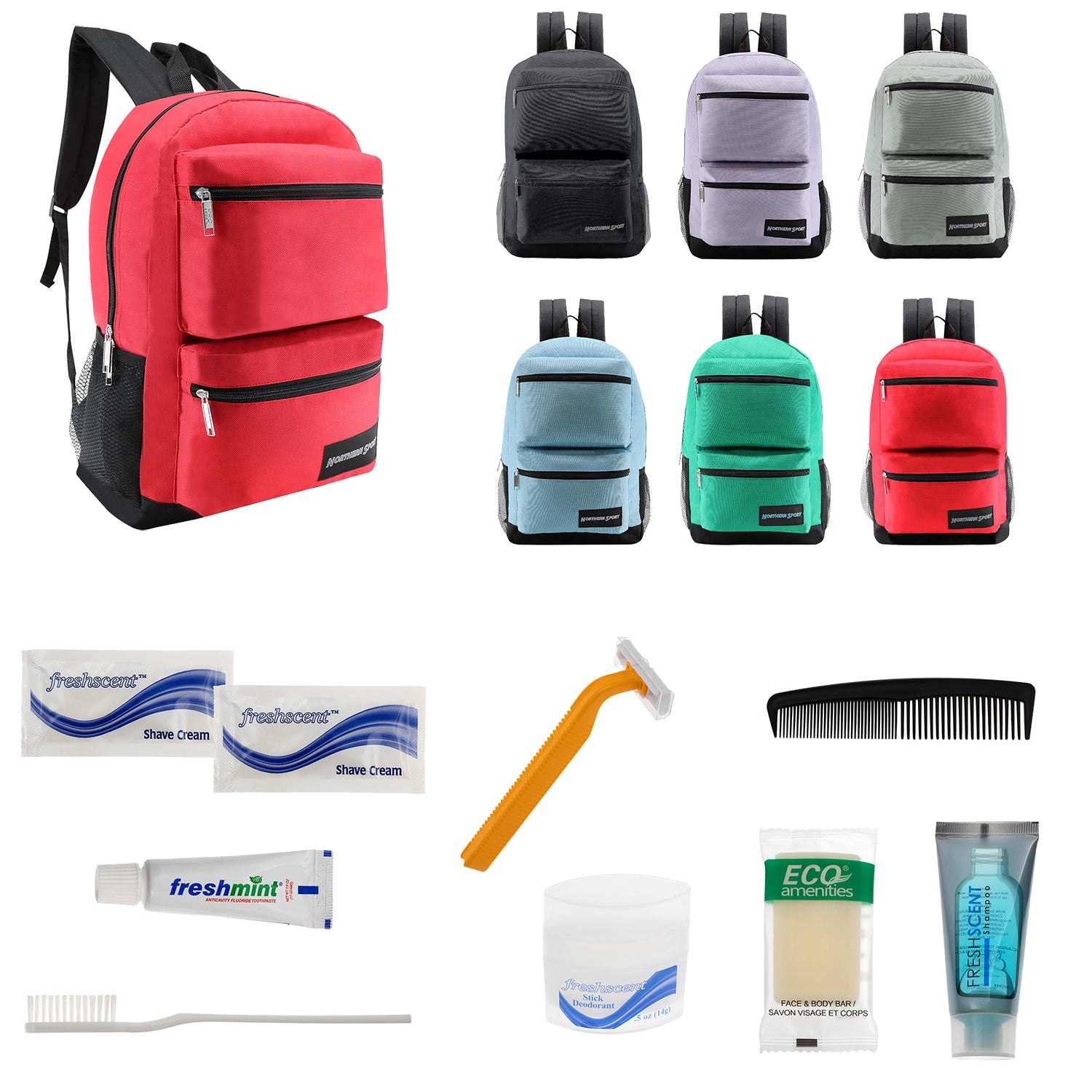 Bulk Case of 12 19" Backpacks and 12 Hygiene / Toiletries Kit - Wholesale Care Package - Disaster Relief Kit, Homeless, Charity