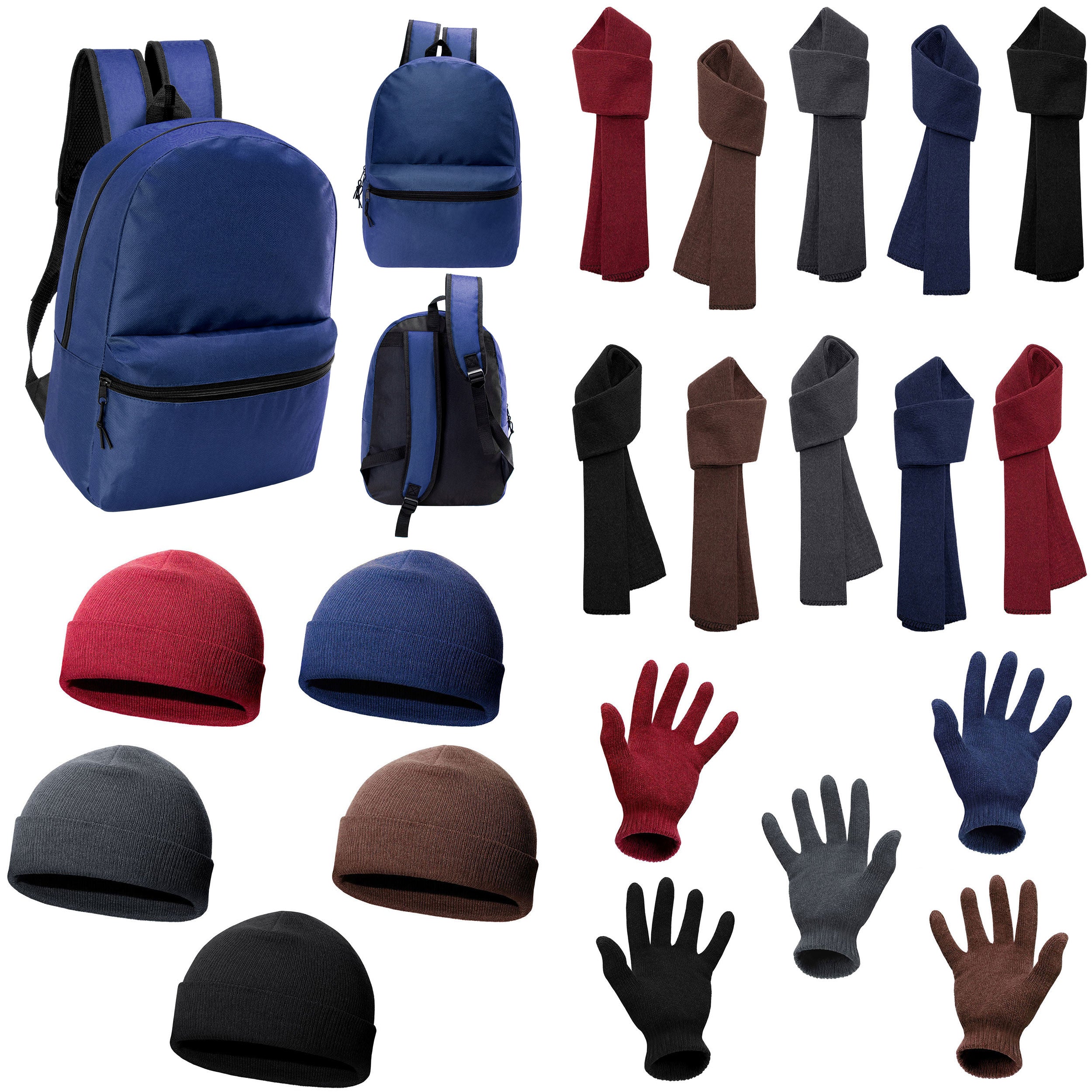 12 Basic 17" Backpacks in Navy Blue & Your Choice of 12 Winter Item Sets - Wholesale Care Package: Homeless, Emergency, Charity