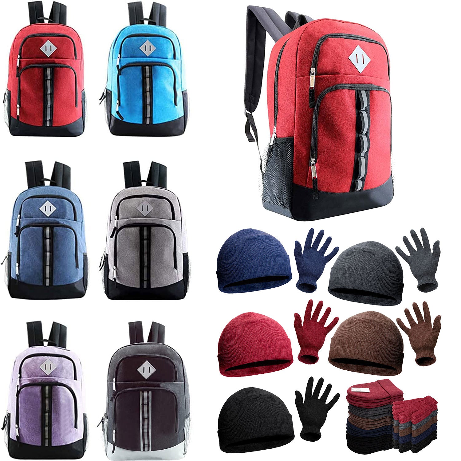Bulk Case of 12 18" Backpacks and 12 Winter Item Sets - Wholesale Care Package - Emergencies, Homeless, Charity