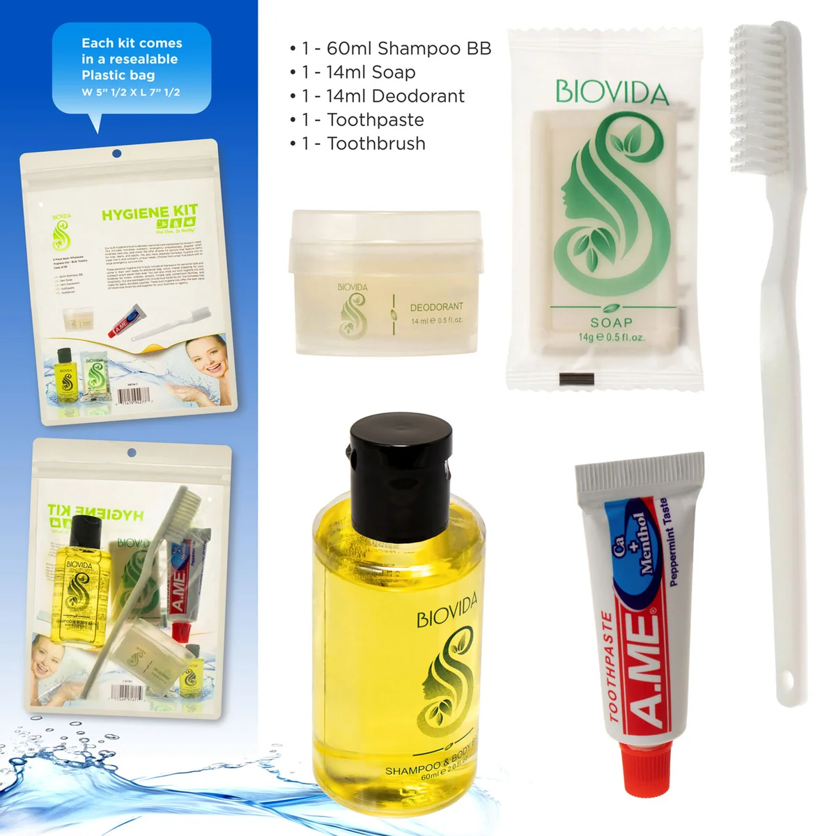 5 Piece Biovida Basic Wholesale Hygiene Kits - Bulk Toiletry Supplies - Case of 96