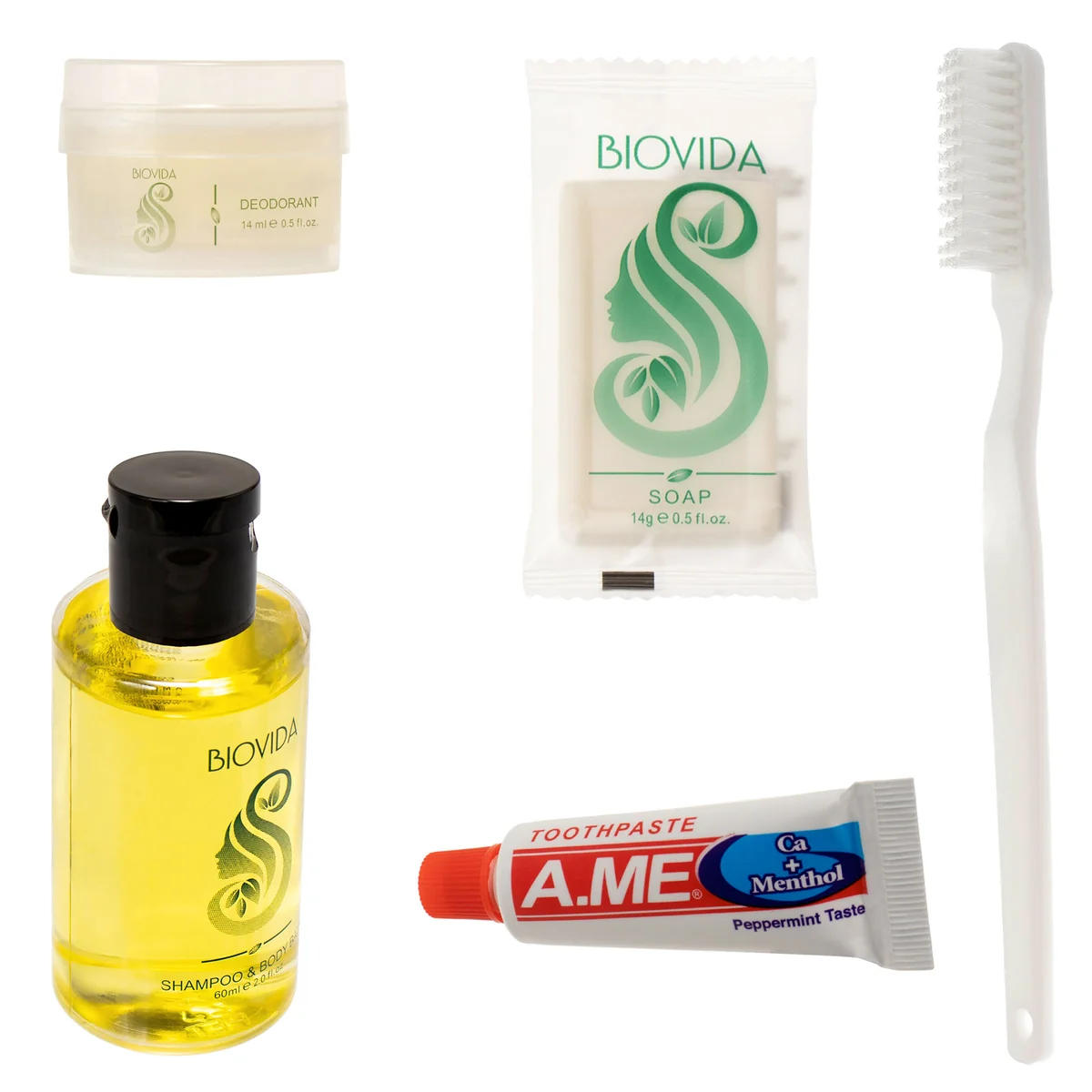 5 Piece Biovida Basic Wholesale Hygiene Kits - Bulk Toiletry Supplies - Case of 96