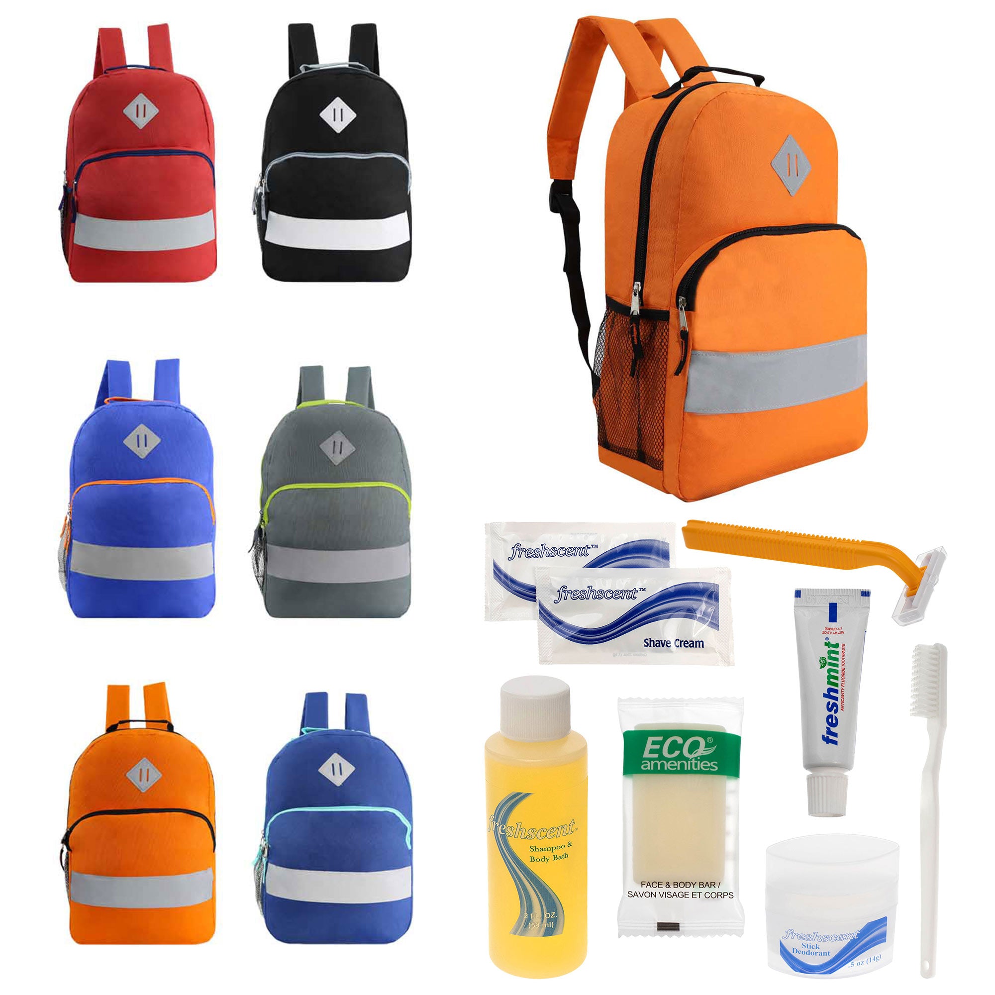 Bulk Case of 12 Reflective Backpacks and 12 Hygiene & Toiletries Kit - Wholesale Care Kit - Disaster Relief Kit, Homeless, Charity