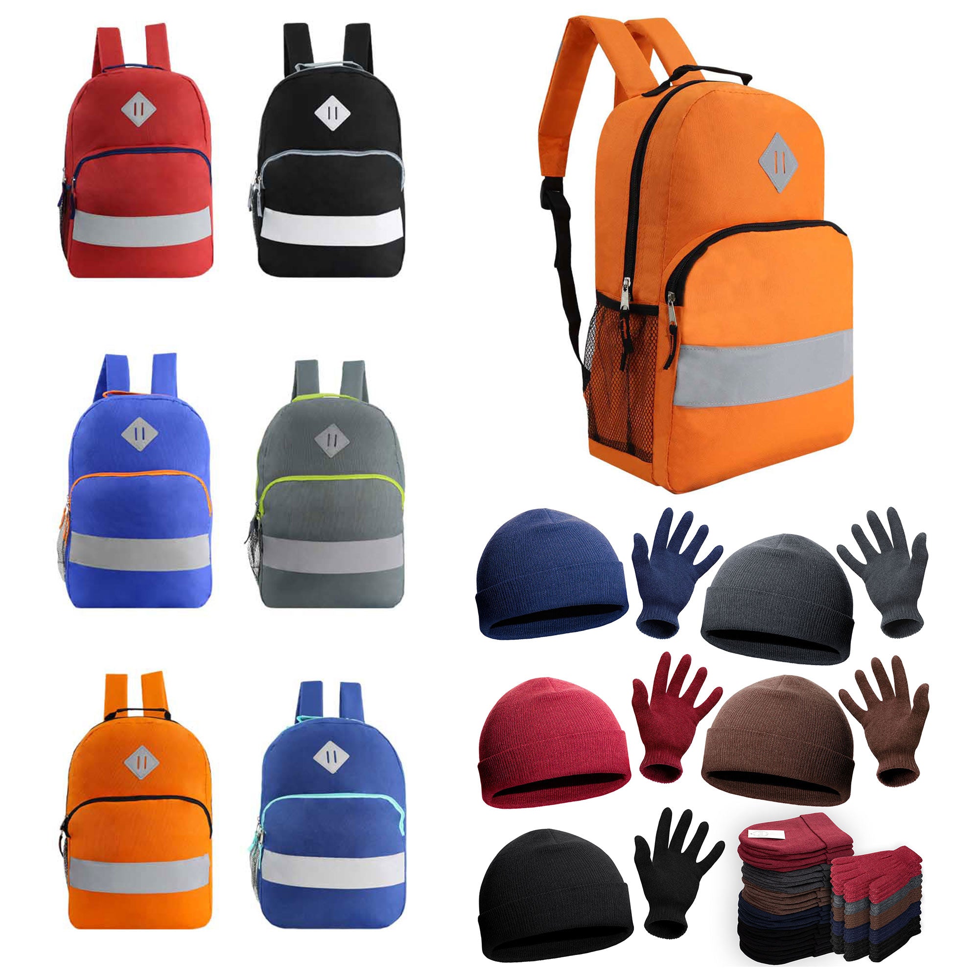 Bulk Case of 12 Reflective Backpacks and 12 Winter Item Sets - Wholesale Care Package - Emergencies, Homeless, Charity