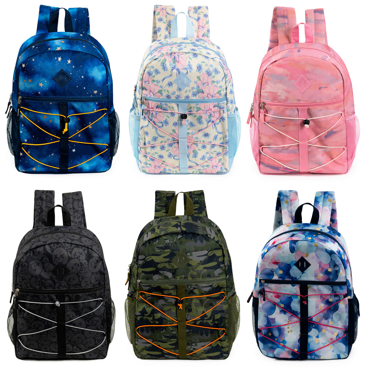 12 Bungee Cord Design 17" Backpacks & Your Choice of 12 Bulk Hygiene Kits - Wholesale Care Package: Homeless, Emergency, Charity