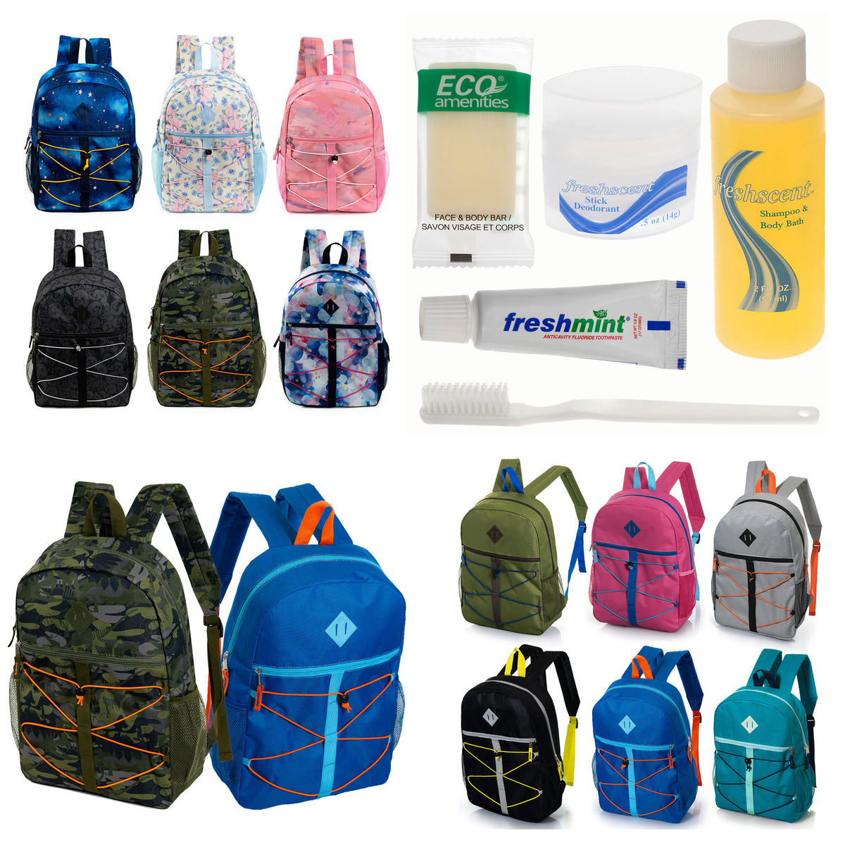12 Bungee Cord Design 17" Backpacks & Your Choice of 12 Bulk Hygiene Kits - Wholesale Care Package: Homeless, Emergency, Charity