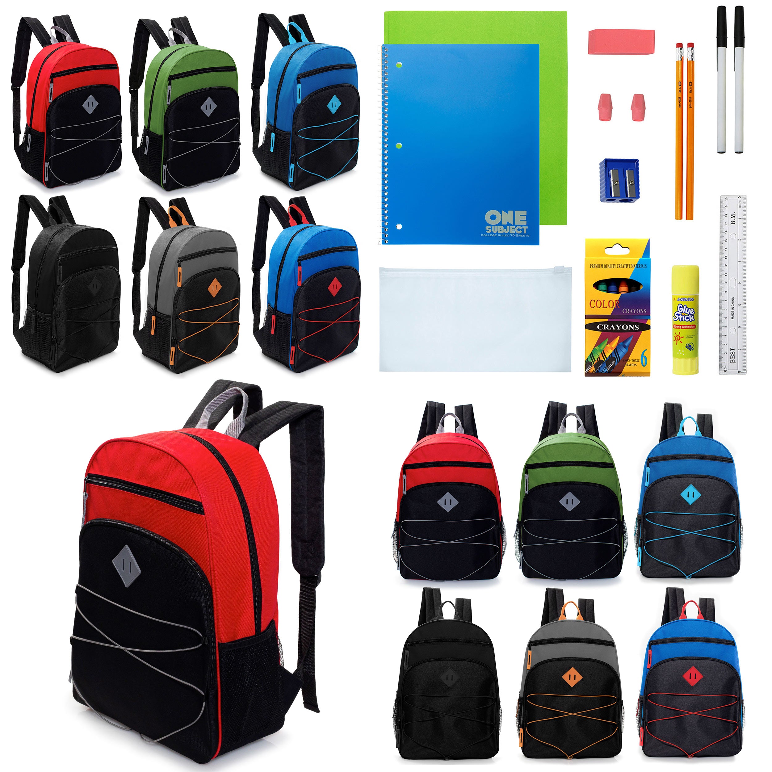 12 Wholesale 17" Bungee Backpacks with Side Pockets & 12 Bulk School Supply Kits of Your Choice
