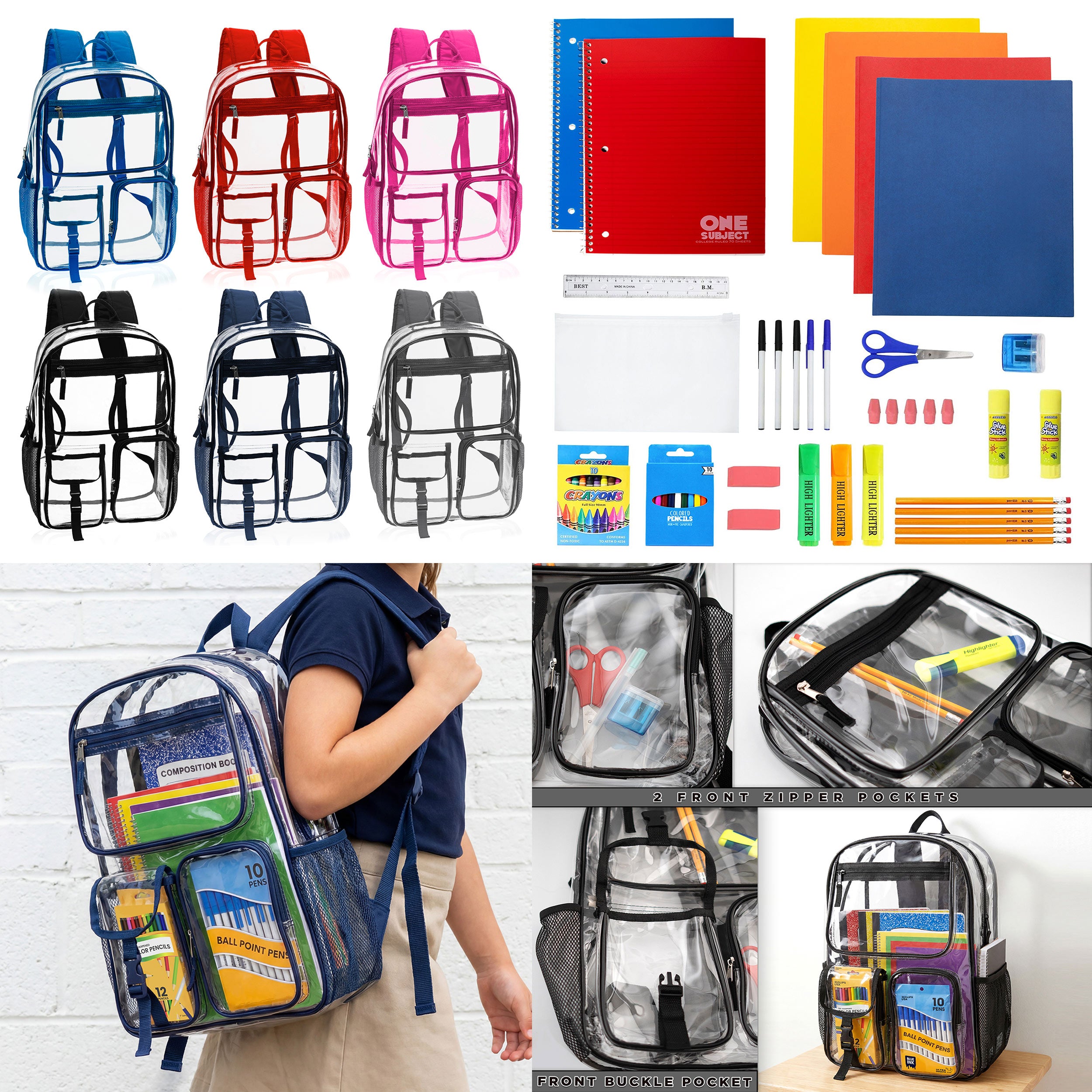 12 Wholesale 17" Premium Clear Backpacks & 12 Bulk School Supply Kits of Your Choice