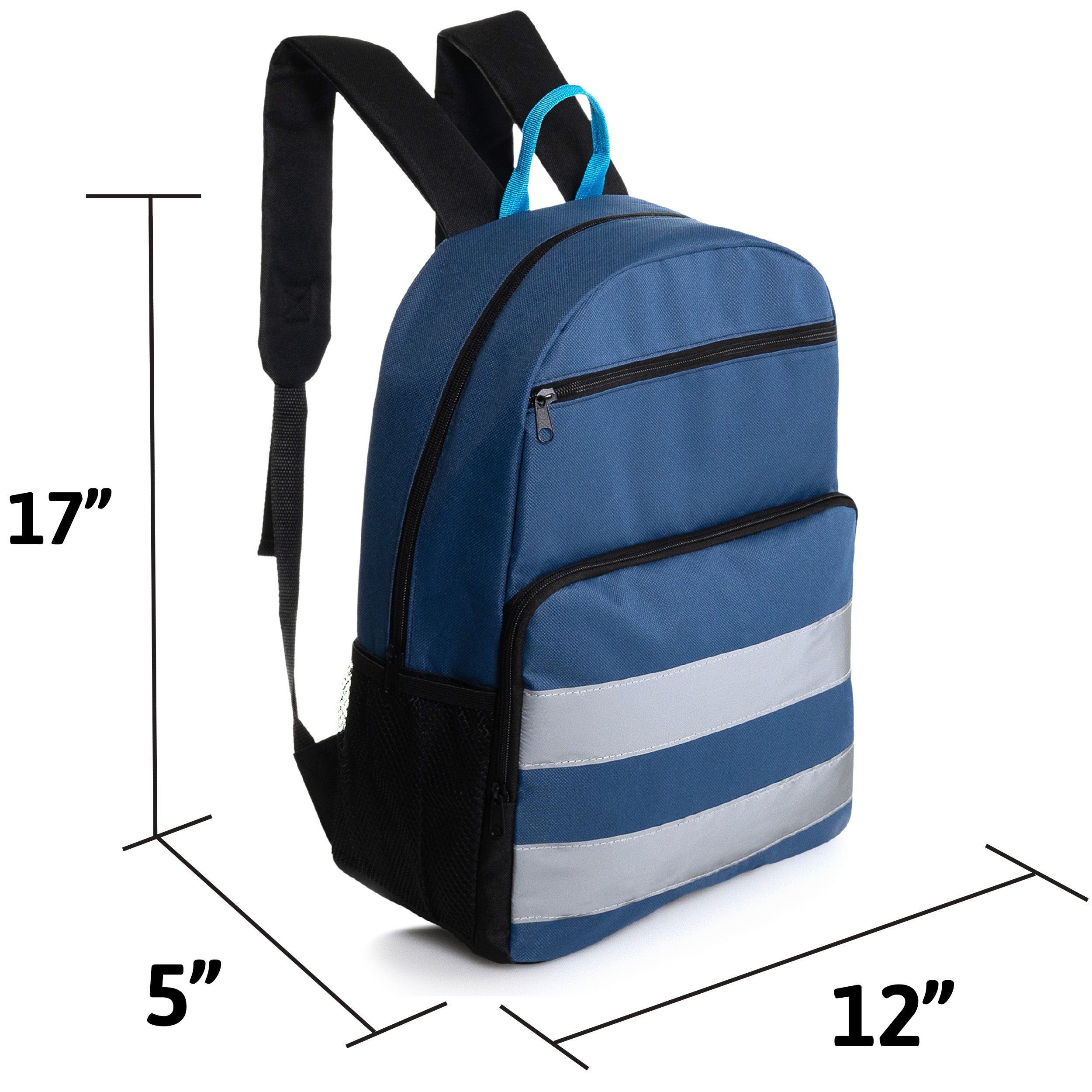 12 Wholesale 17" Reflective Backpacks in Assorted Colors & 12 Bulk School Supply Kits of Your Choice