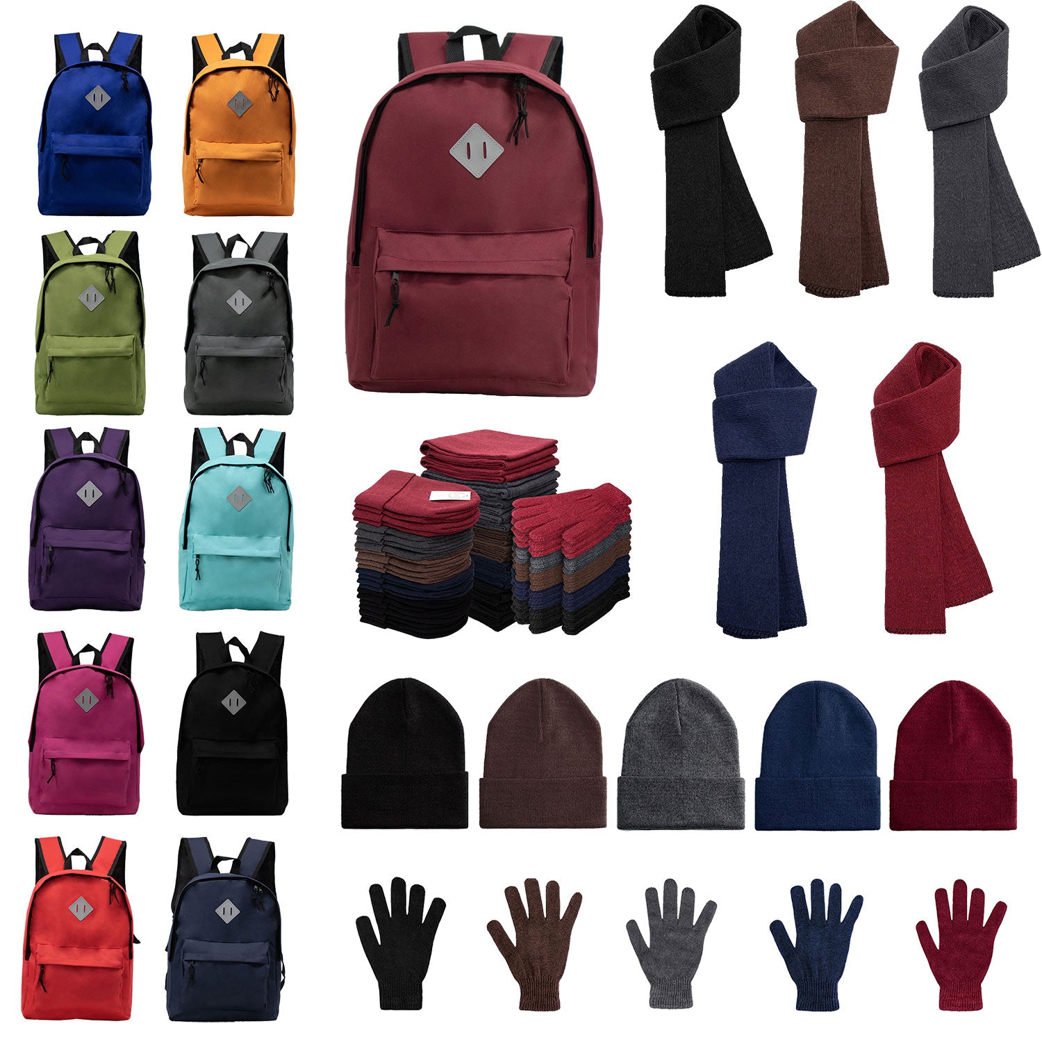 Bulk Case of 12 Backpacks and 12 Winter Item Sets - Wholesale Care Package - Emergencies, Homeless, Charity