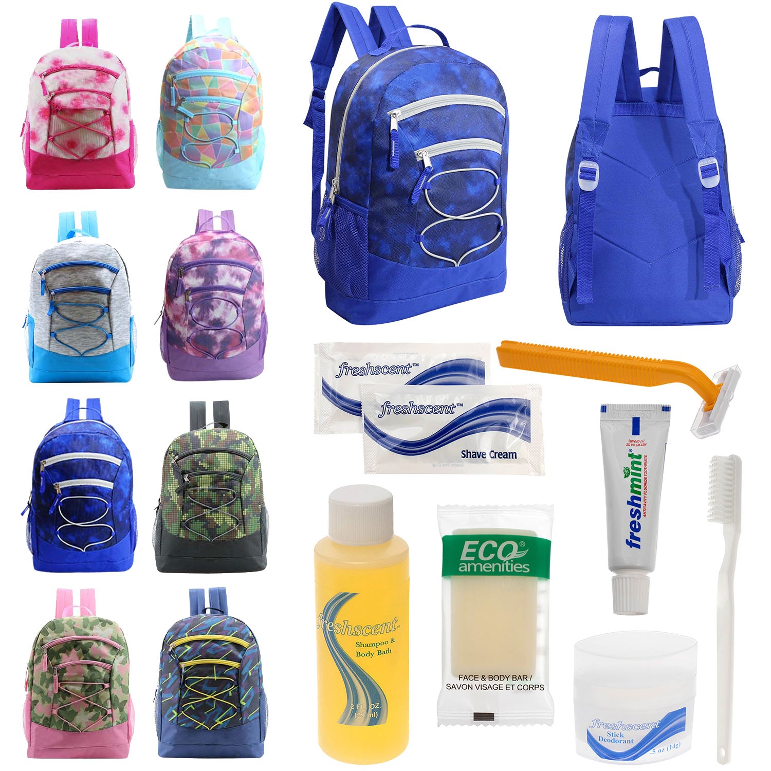 Bulk Case of 12 Backpacks and 12 Hygiene & Toiletries Kit - Wholesale Care Package - Disaster Relief Kit, Homeless, Charity
