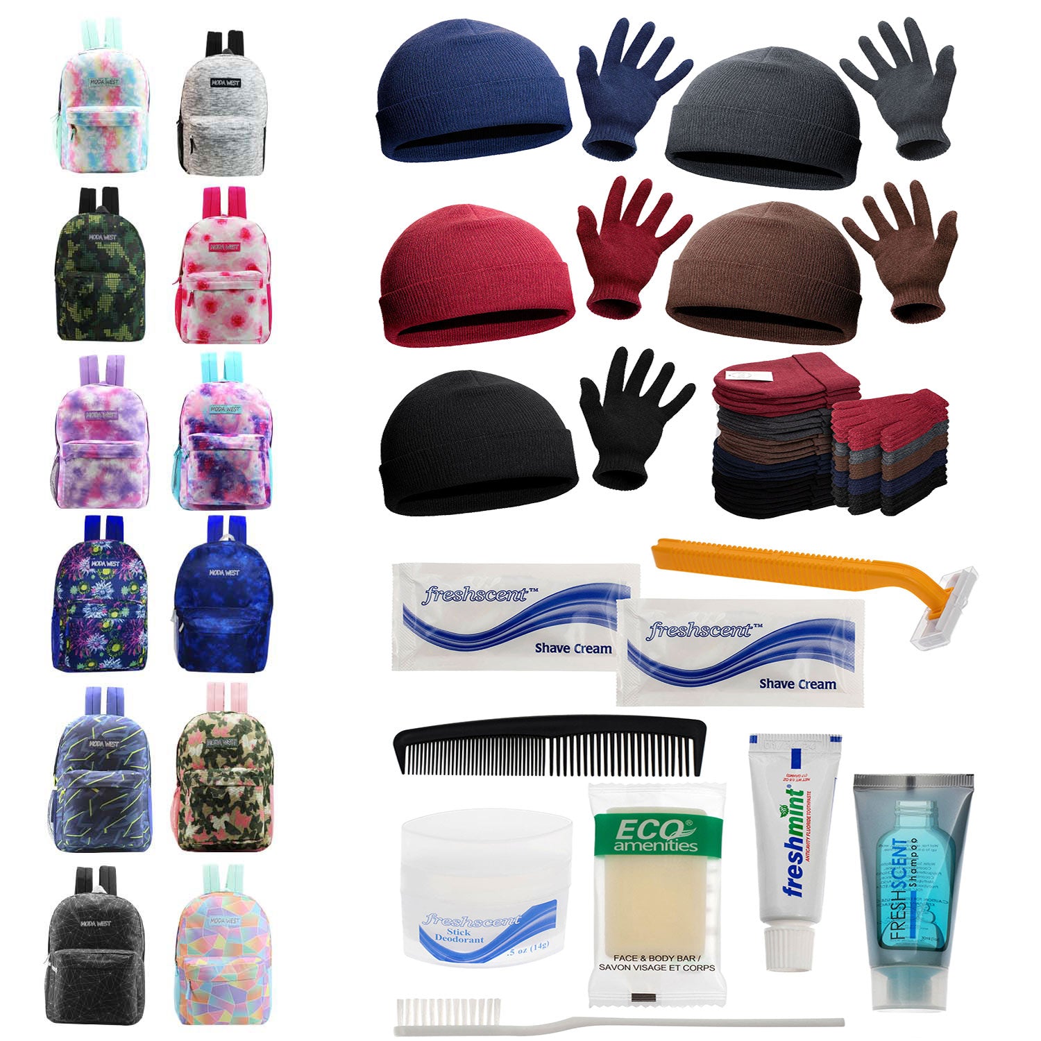 Bulk Case of 12 Backpacks and 12 Winter Item Sets and 12 Hygiene Kits - Wholesale Care Package - Emergencies, Homeless, Charity