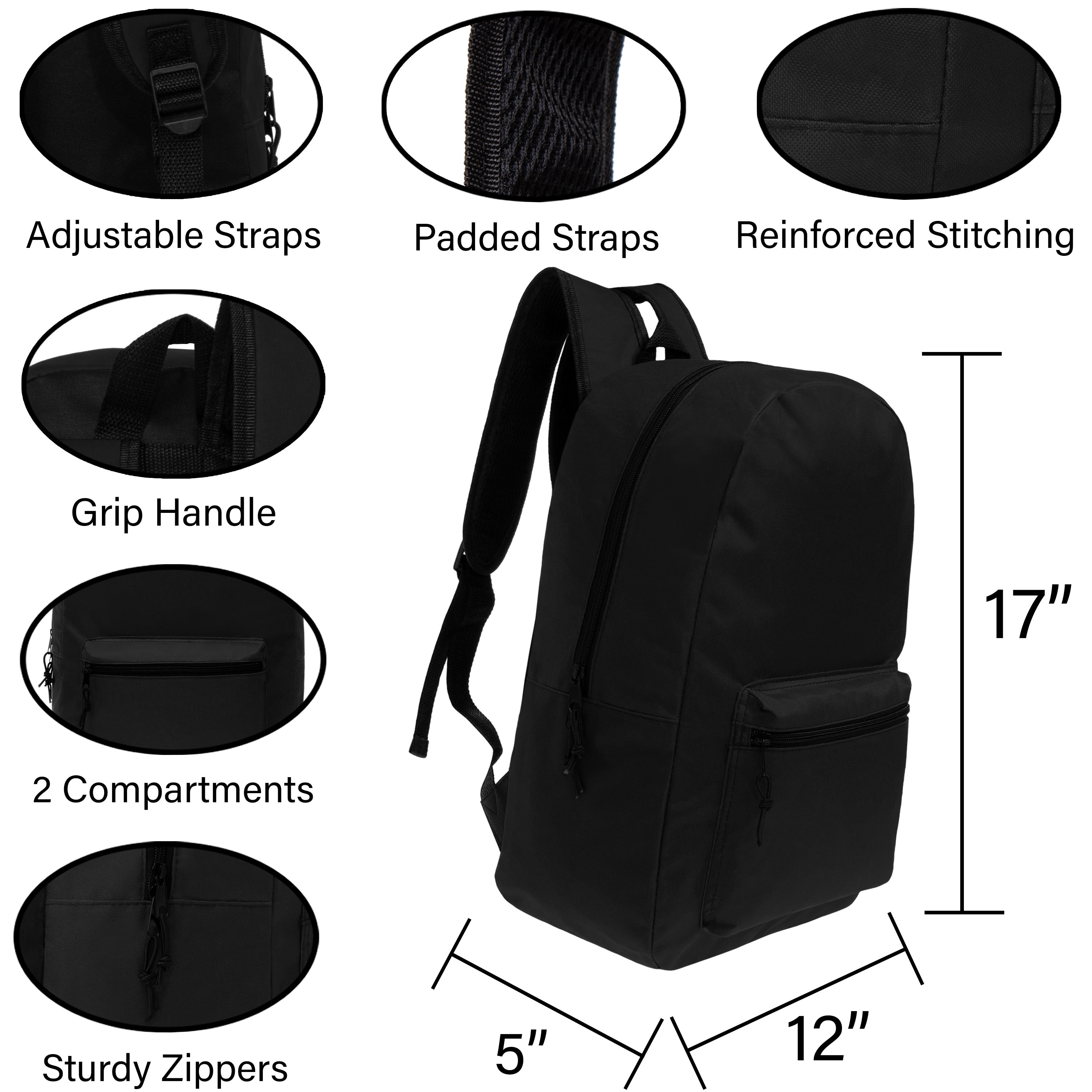 12 Basic Black 17" Backpacks with 12 Winter Item Sets & Your Choice of 12 Bulk Hygiene Kits - Wholesale Homeless Care Package