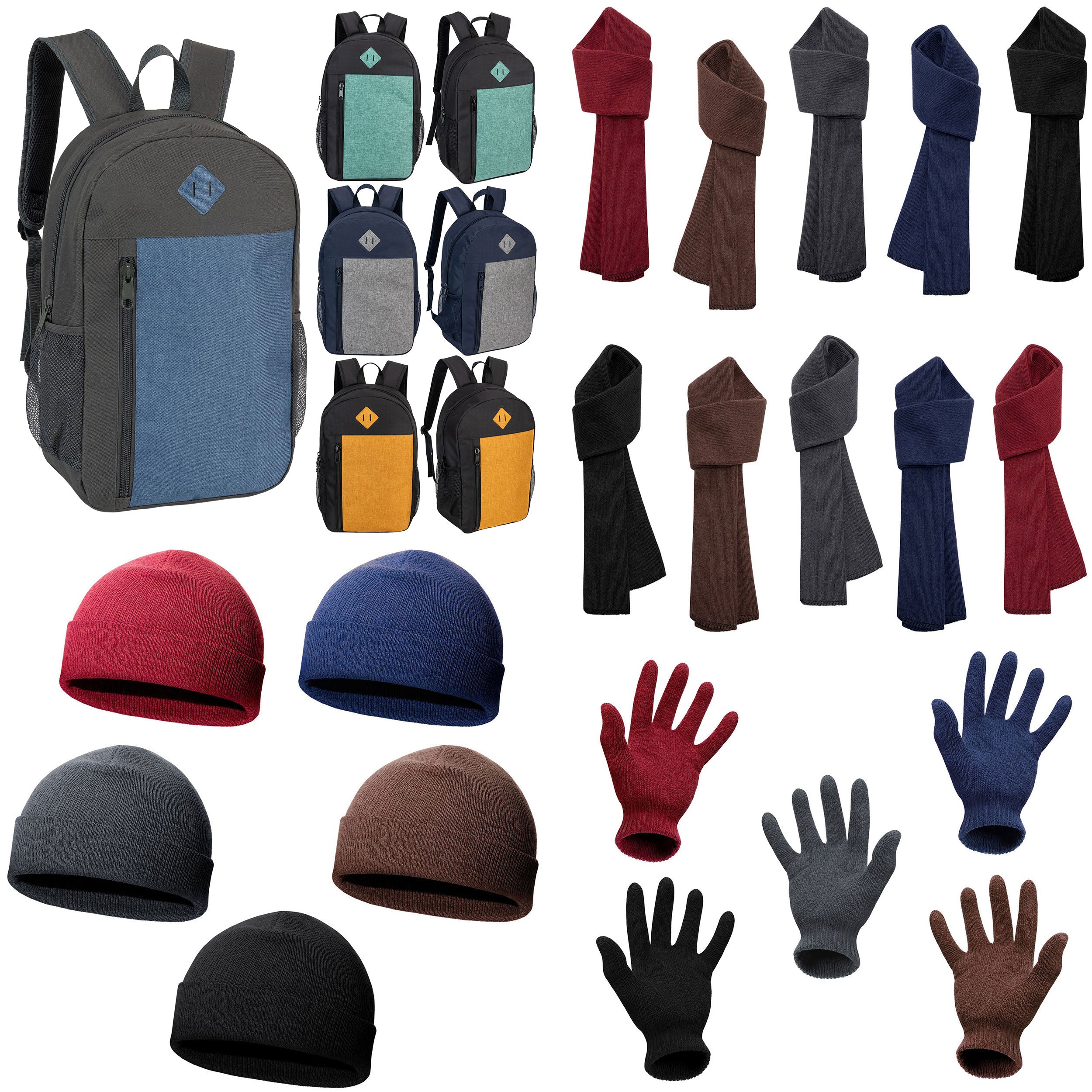 12 Black 19" Backpacks with an Accent Panel & Your Choice of 12 Winter Item Sets - Wholesale Care Package: Homeless, Emergency, Charity