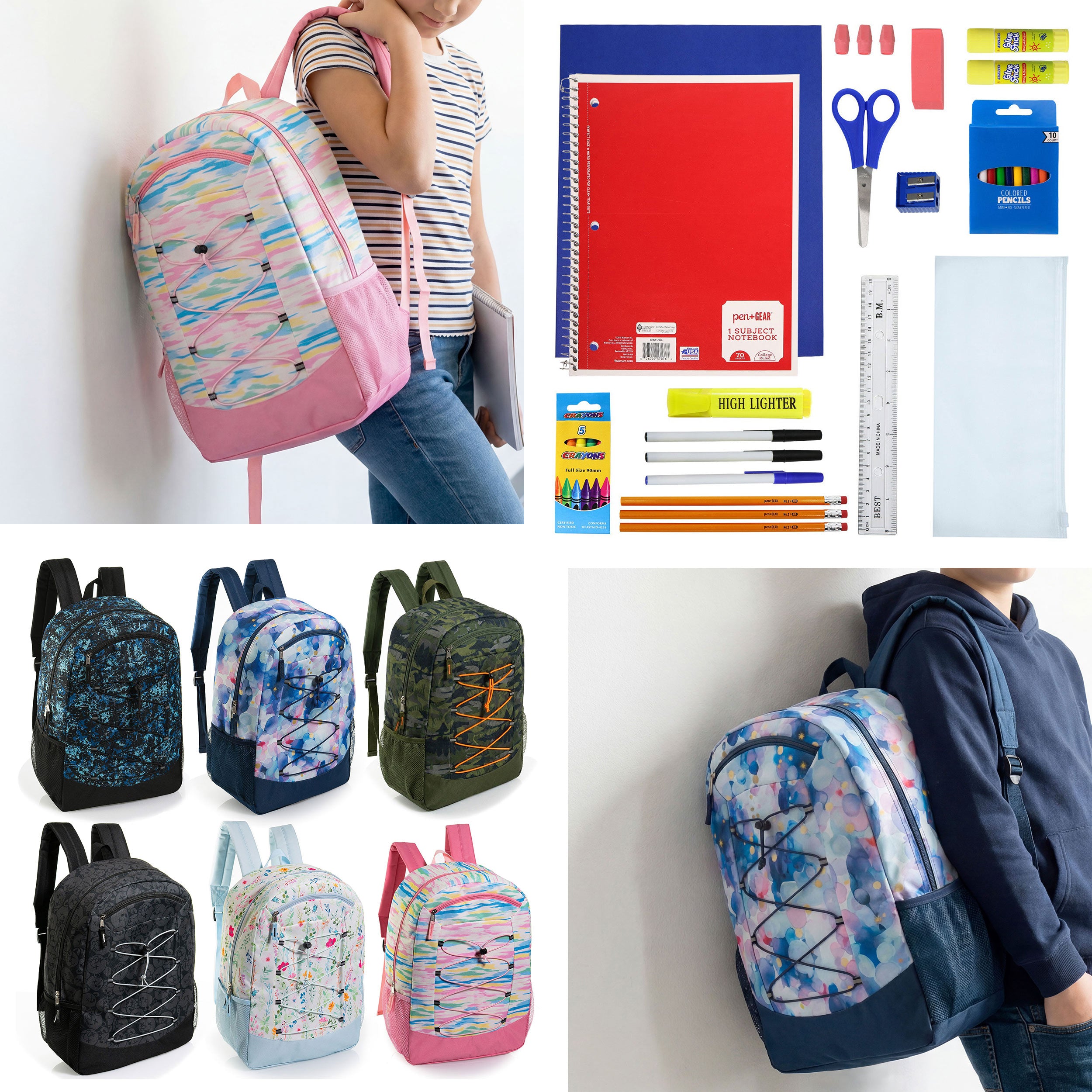 12 Wholesale 19" Bungee Backpack in 6 Patterns & 12 Bulk School Supply Kits of Your Choice