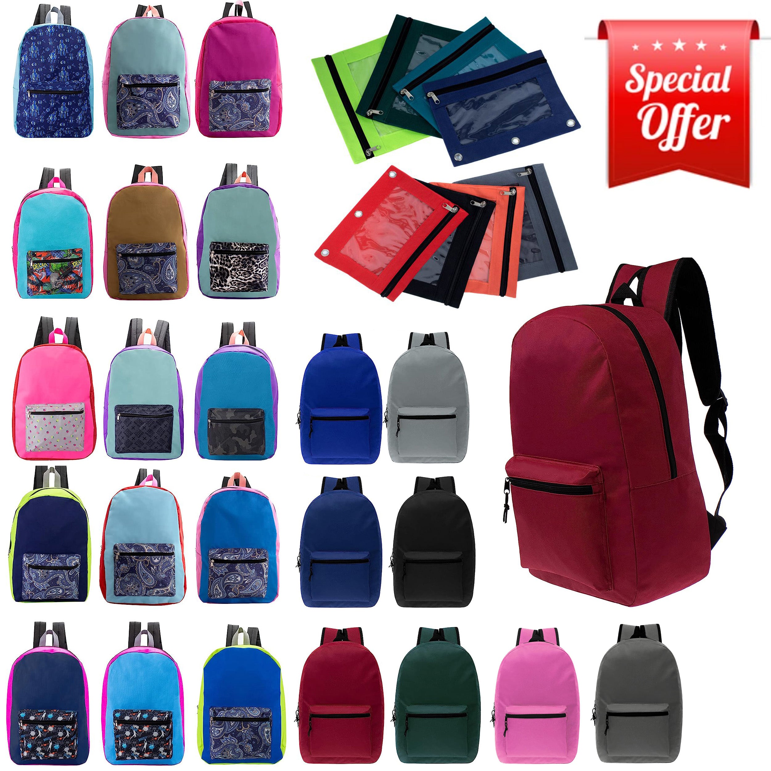 17" Kids Basic Wholesale Combo Set Of Backpack in Assorted Colors and Prints - Bulk Case of 60 Free Pencil Pouch Included