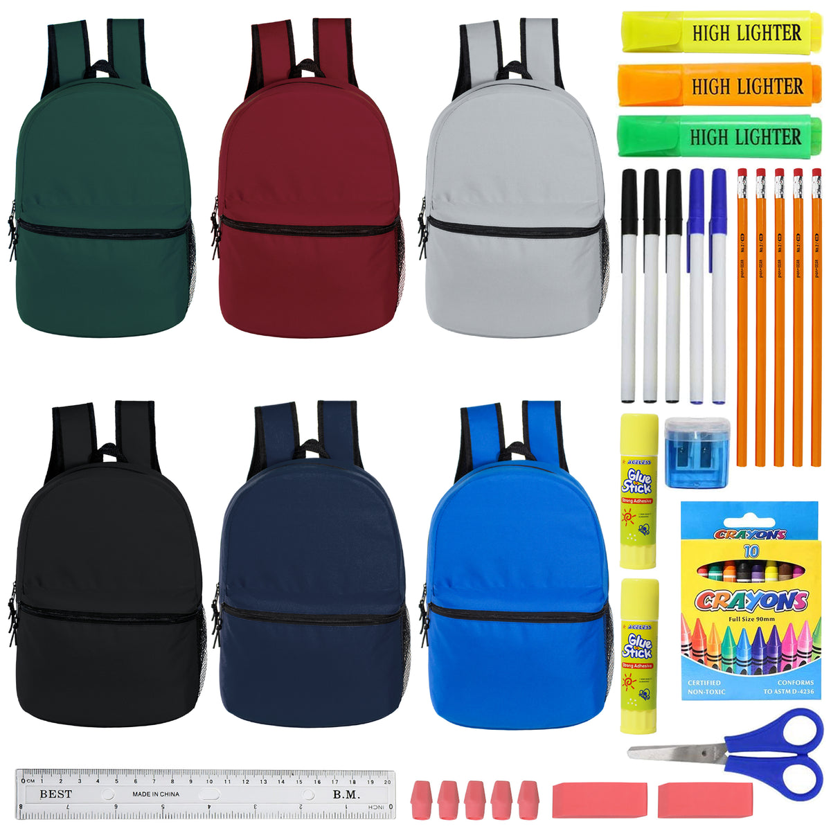 12 Wholesale 15" Backpacks in 6 Assorted Colors and 12 Bulk School Supply Kits of Your Choice