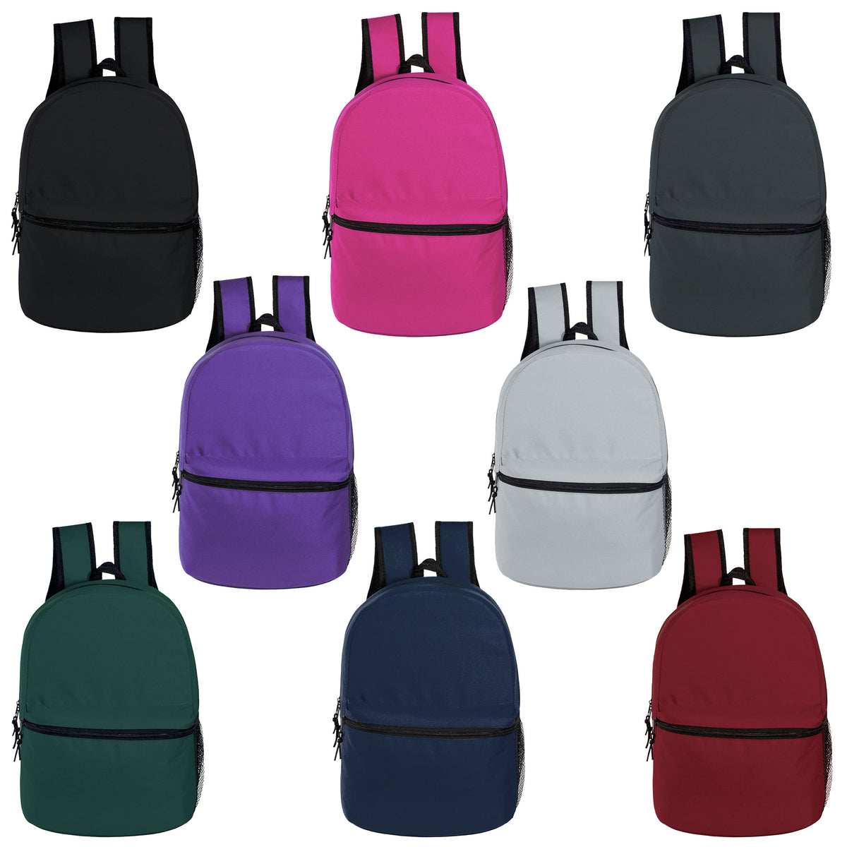 12 Wholesale 15" Backpacks in 8 Assorted Colors and 12 Bulk School Supply Kits of Your Choice