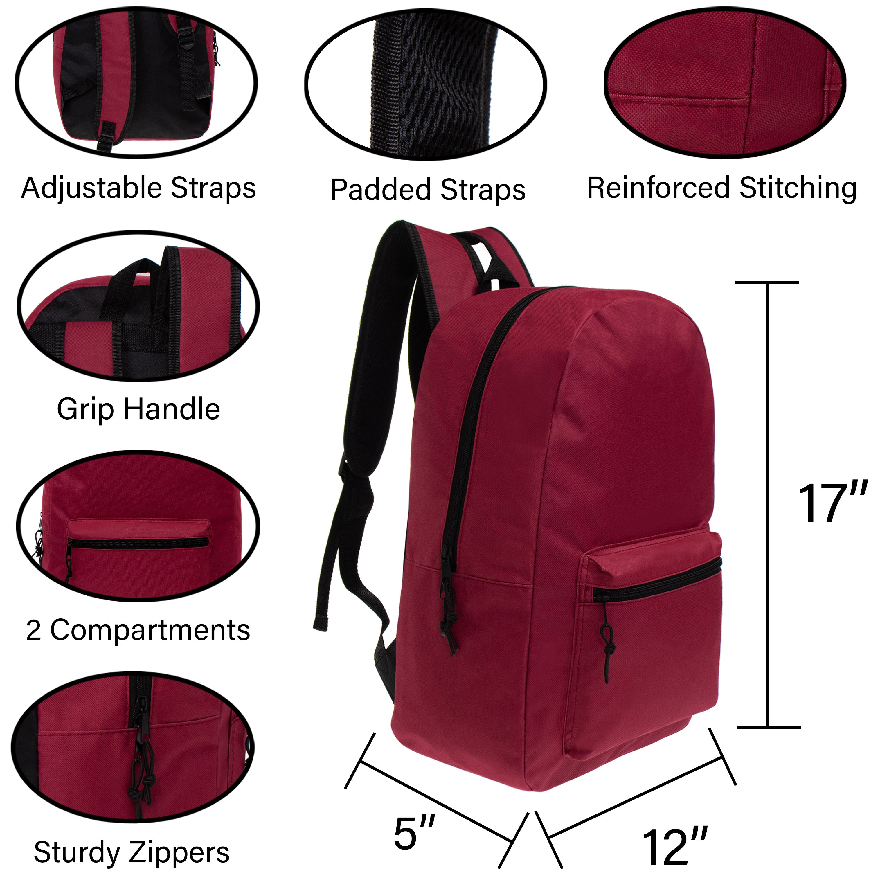 17" Kids Basic Wholesale Backpack in Dark Red - Bulk Case of 24 Backpacks