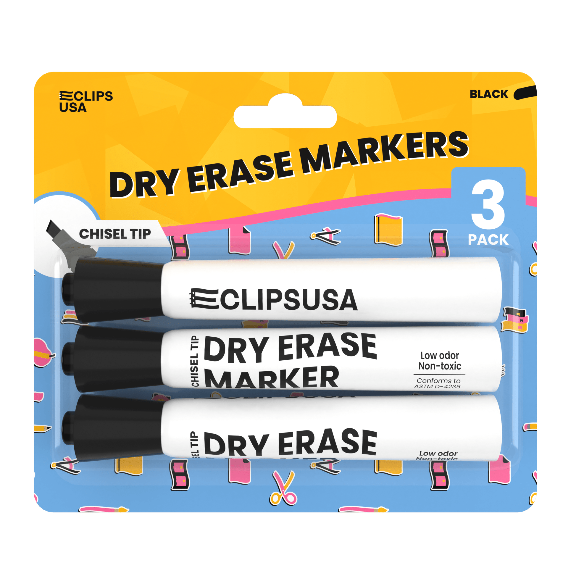 Wholesale Dry Erase Markers in Black - Chisel Tip - 72 Packs of 3 in a Bulk Case - Total 216 Markers