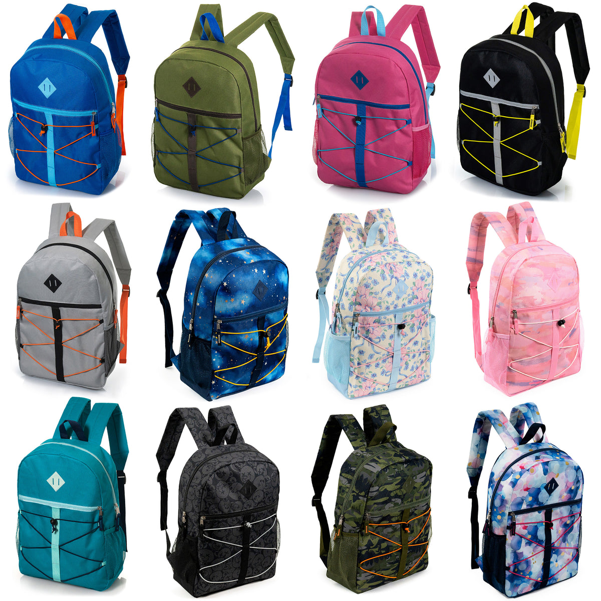 12 Bungee Cord Design 17" Backpacks & Your Choice of 12 Bulk Hygiene Kits - Wholesale Care Package: Homeless, Emergency, Charity