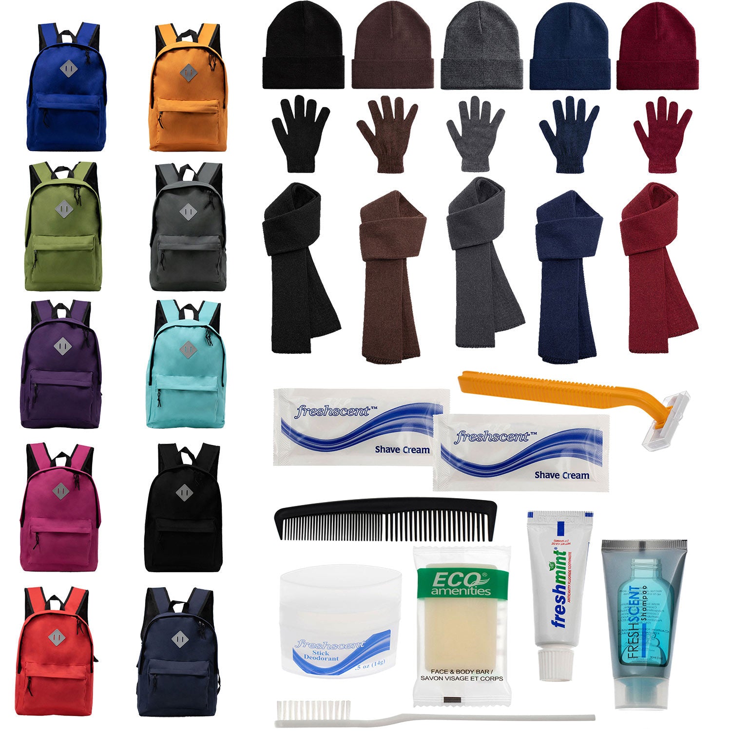 Bulk Case of 12 Backpacks and 12 Winter Item Sets and 12 Hygiene Kits - Wholesale Care Package - Emergencies, Homeless, Charity