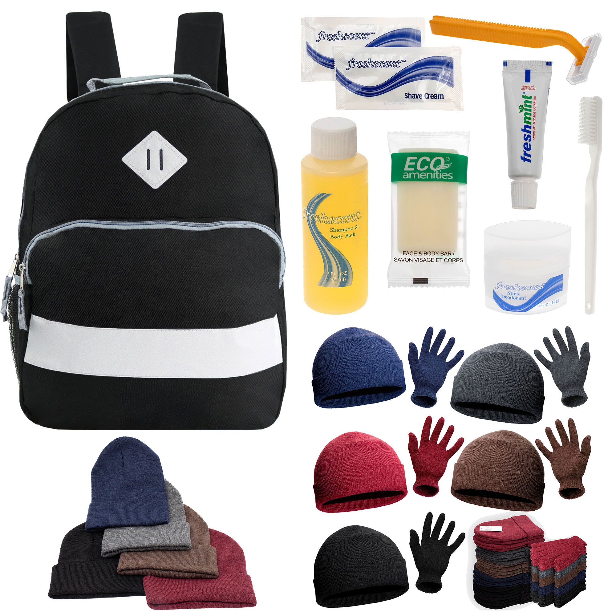 Bulk Case of 12 Backpacks and 12 Winter Item Sets and 12 Hygiene Kits - Wholesale Care Package - Emergencies, Homeless, Charity