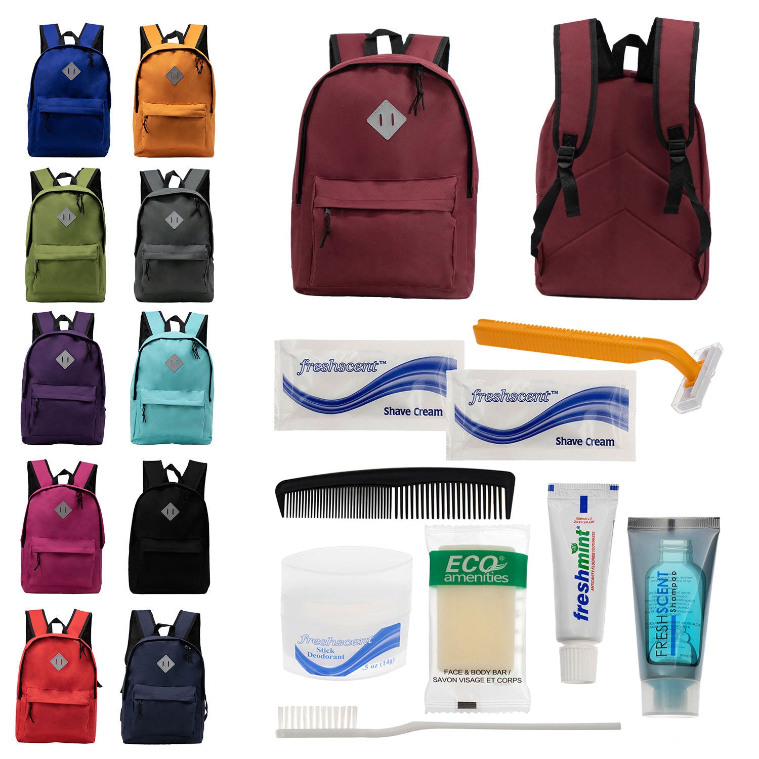 Bulk Case of 12 Backpacks and 12 Hygiene / Toiletries Kit - Wholesale Care Package - Disaster Relief Kit, Homeless, Charity