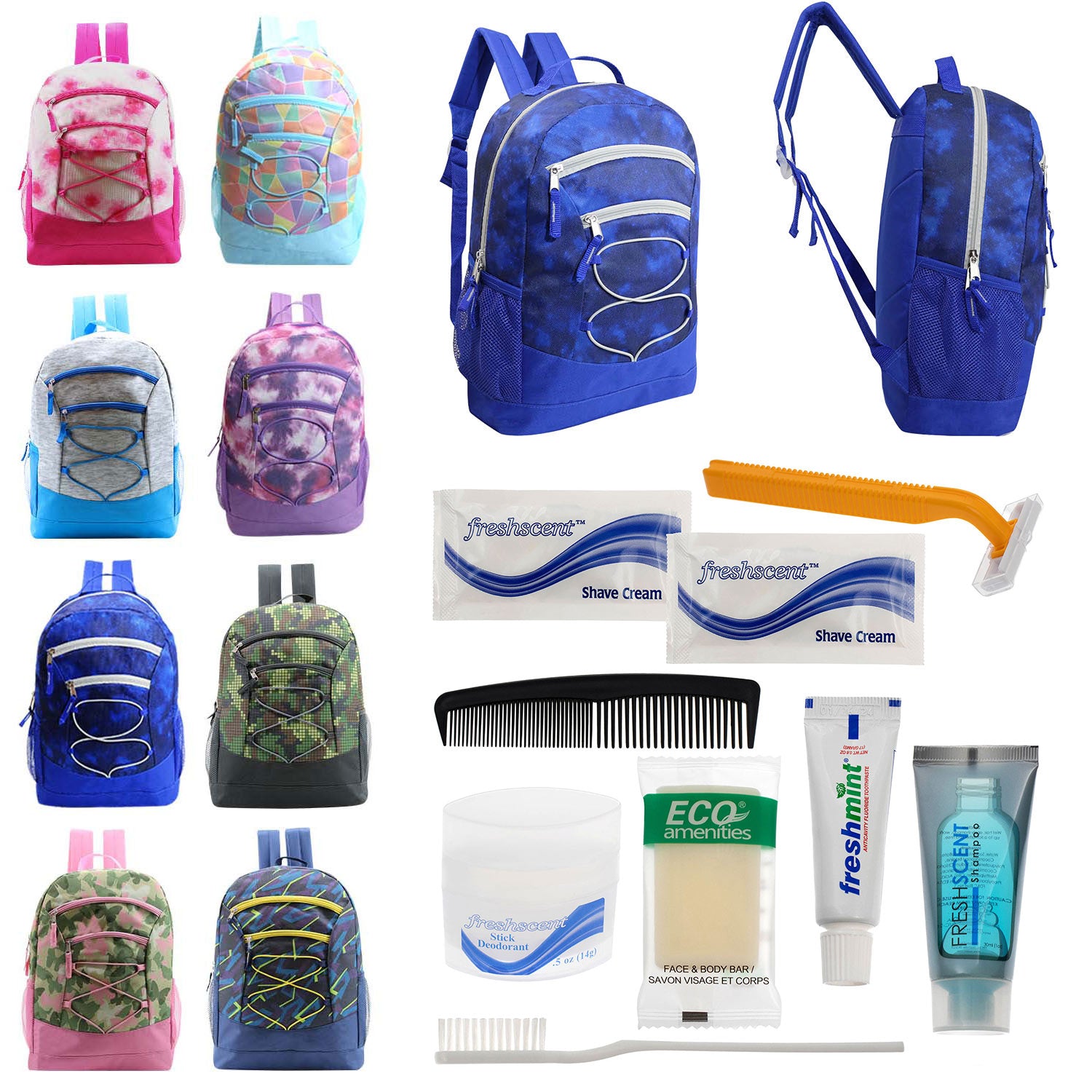 Bulk Case of 12 Backpacks and 12 Hygiene / Toiletries Kit - Wholesale Care Package - Disaster Relief Kit, Homeless, Charity