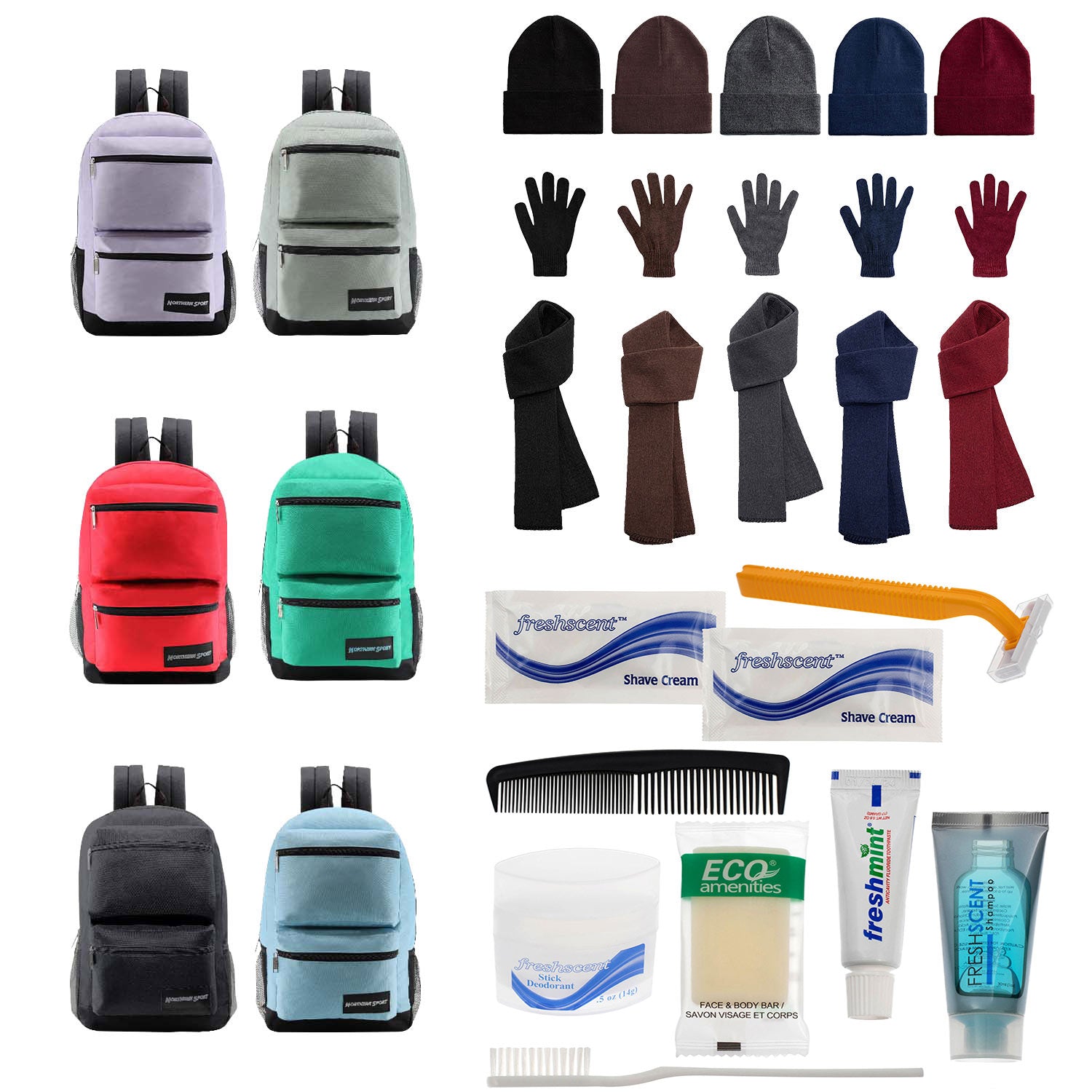 Bulk Case of 12 19" Backpacks and 12 Winter Item Sets and 12 Hygiene Kits - Wholesale Care Package - Emergencies, Homeless, Charity