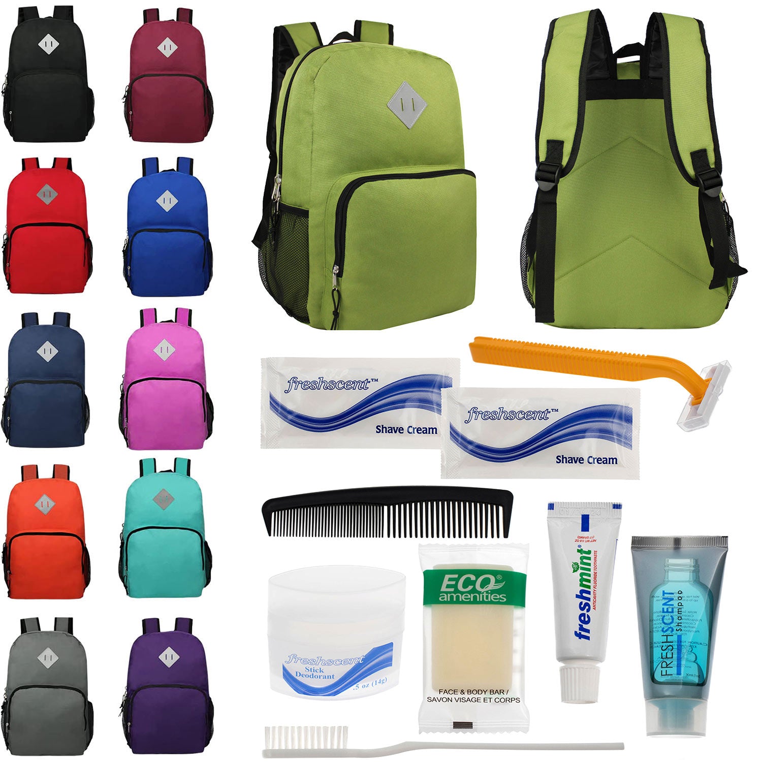 Bulk Case of 12 18" Backpacks and 12 Hygiene / Toiletries Kit - Wholesale Care Package - Disaster Relief Kit, Homeless, Charity