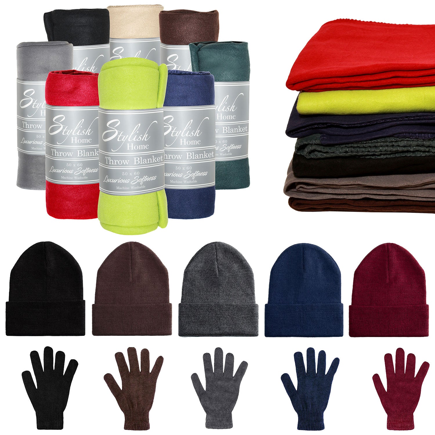 Homeless Care Package Supplies - Bulk Case of 12 Winter Throw Blankets, 12 Winter Sets
