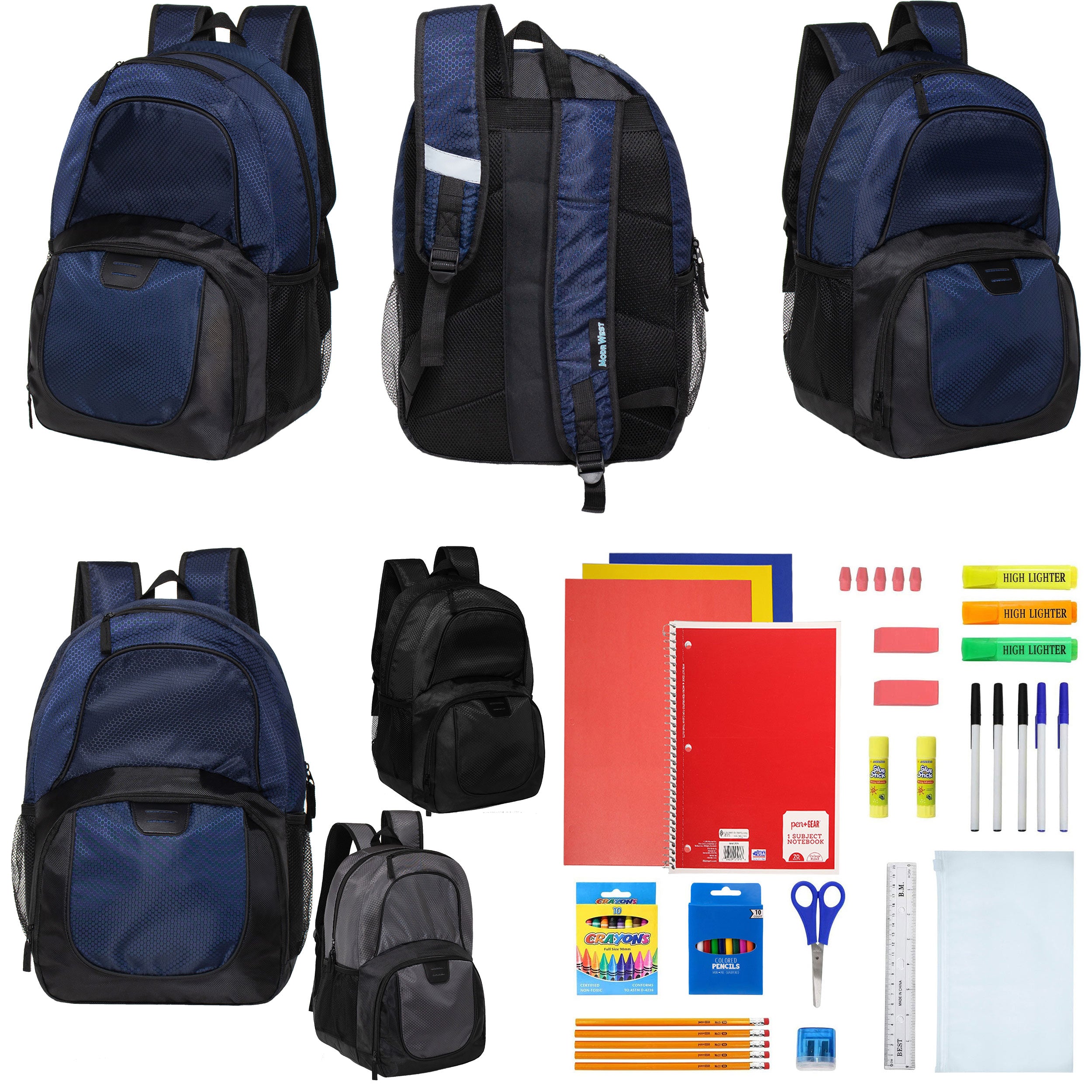 12 Deluxe Wholesale 18" Backpacks w/an Organizer & Laptop Sleeve & 12 Bulk School Supply Kits of Your Choice