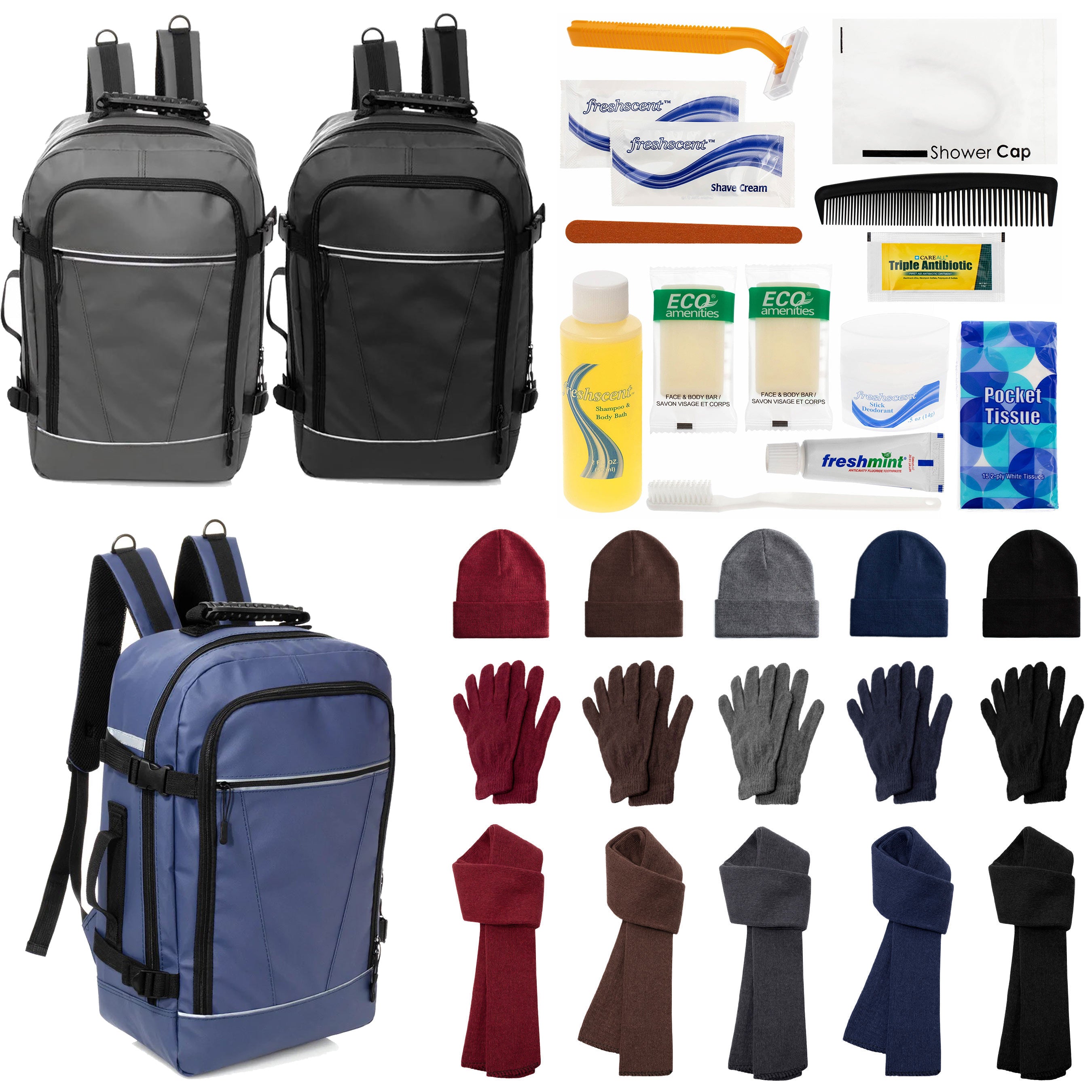 12 Travel 18" Backpacks, 12 Winter Item Sets & Your Choice of 12 Bulk Hygiene Kits - Wholesale Homeless Care Package